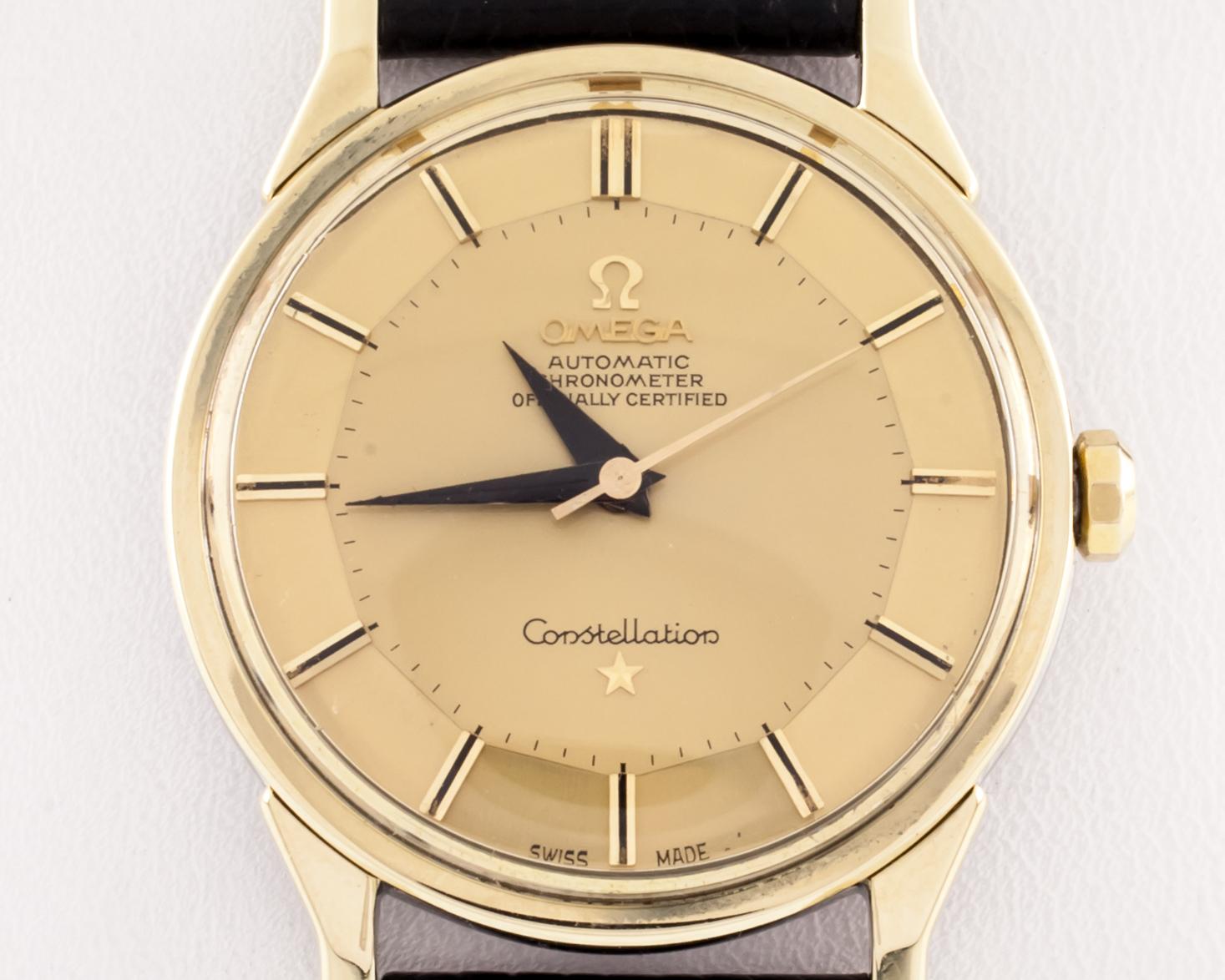 Omega Gold-Plated Vintage Constellation w/ Gold Pie Pan Dial 167005
Model: Constellation 
Model #167-005
Serial #25609113
Production Year: 1967
Gold-capped Stainless Steel Round Case w/ 