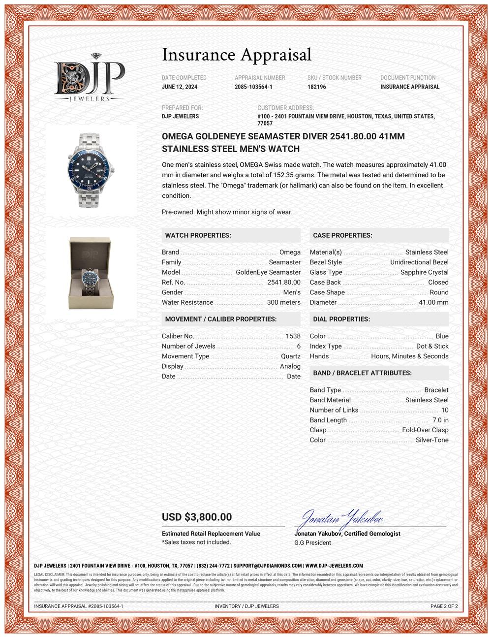 Reloj de caballero Omega Goldeneye Seamaster Diver 2541.80.00 41MM de acero inoxidable 4