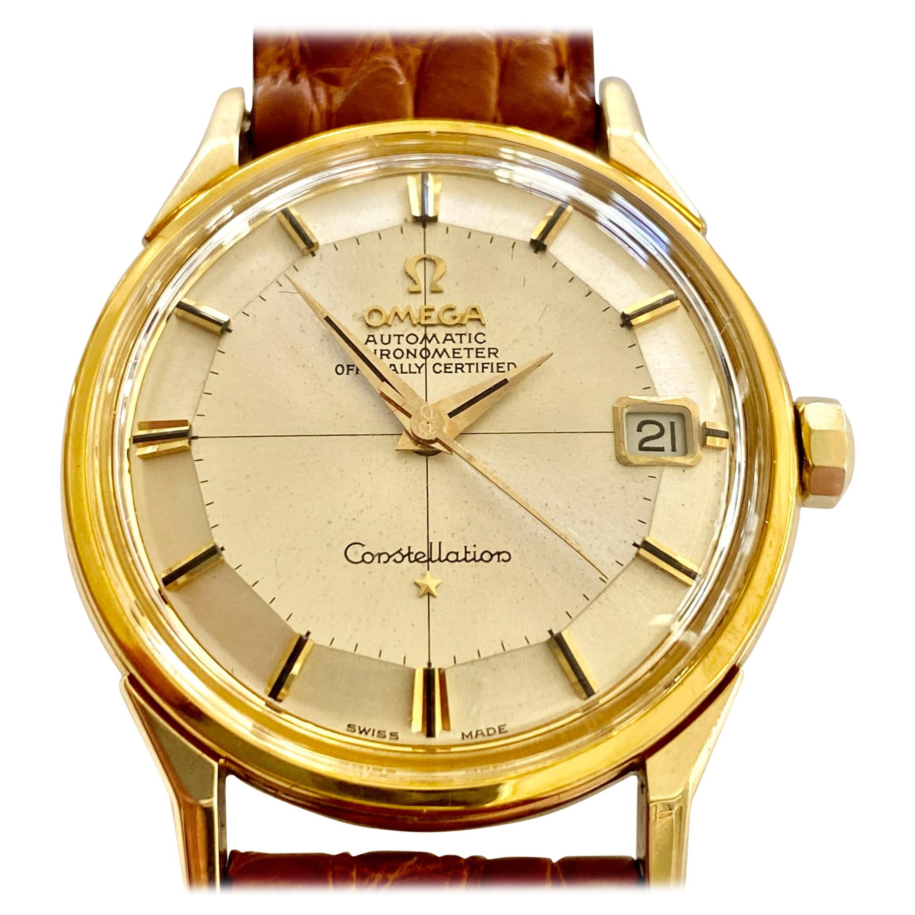 Omega, "Grand Luxe" Constellation 1966, 14 Karat Gold, Leather Strap, Full Set