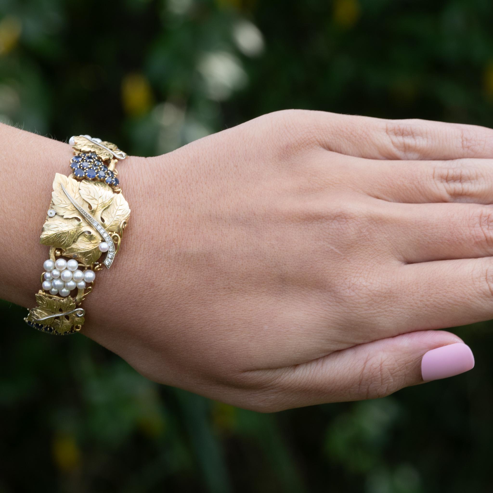 Omega Damen 18K Gold Grape Leaf Sapphire Pearl & Diamond Armband Armbanduhr 6