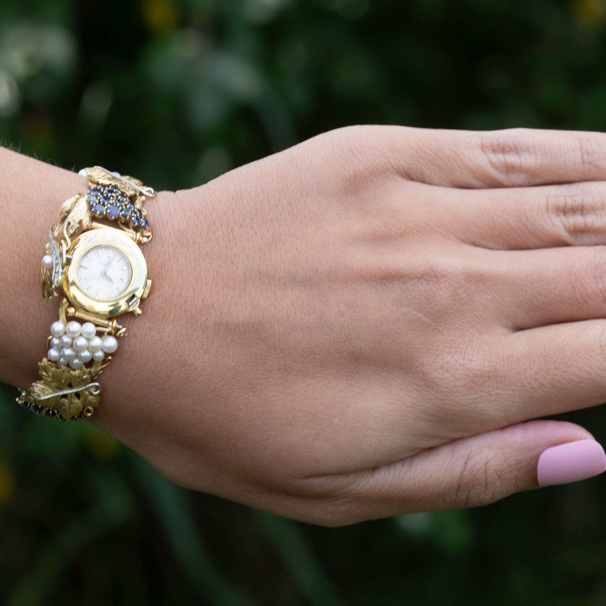 Omega Damen 18K Gold Grape Leaf Sapphire Pearl & Diamond Armband Armbanduhr 7