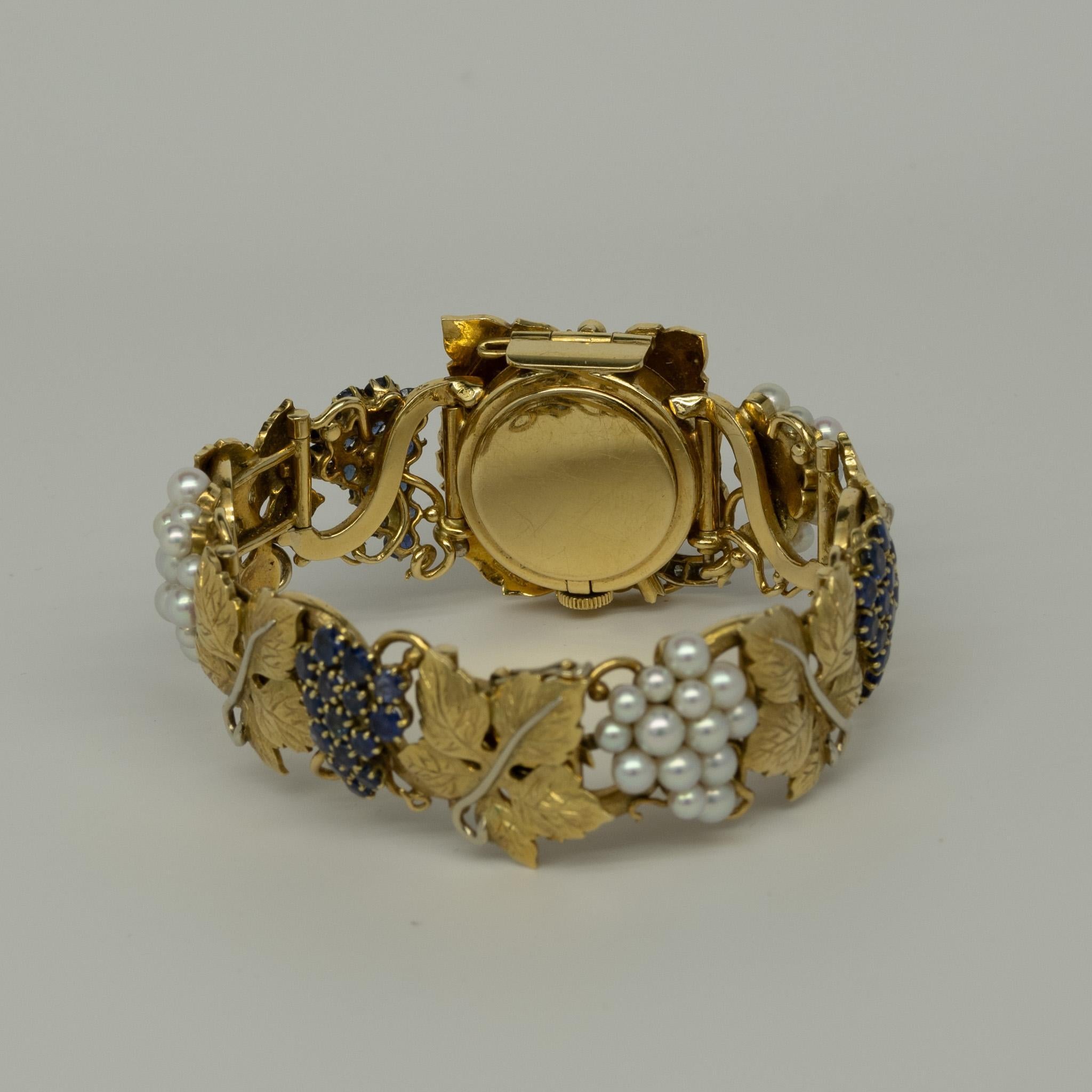 Omega Damen 18K Gold Grape Leaf Sapphire Pearl & Diamond Armband Armbanduhr 8