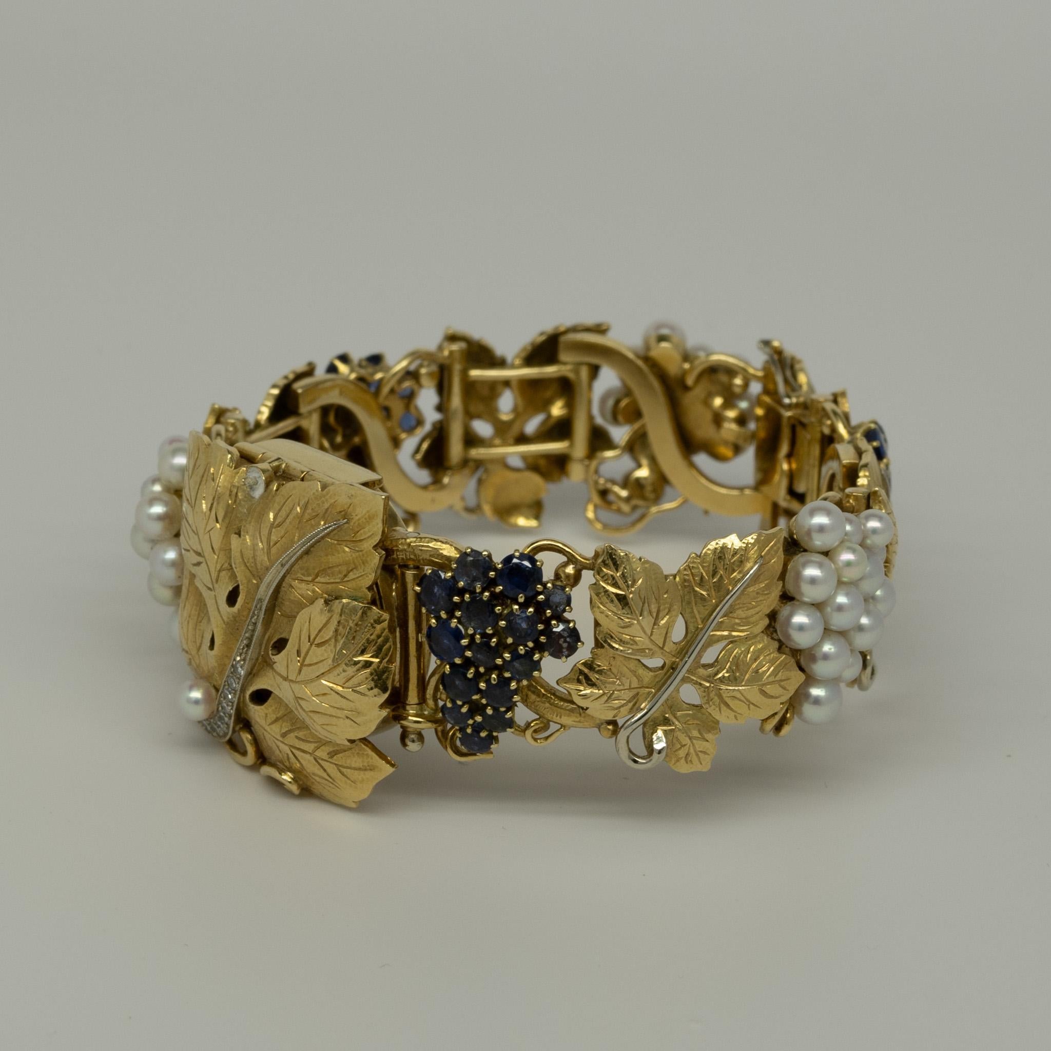 Omega Damen 18K Gold Grape Leaf Sapphire Pearl & Diamond Armband Armbanduhr 10