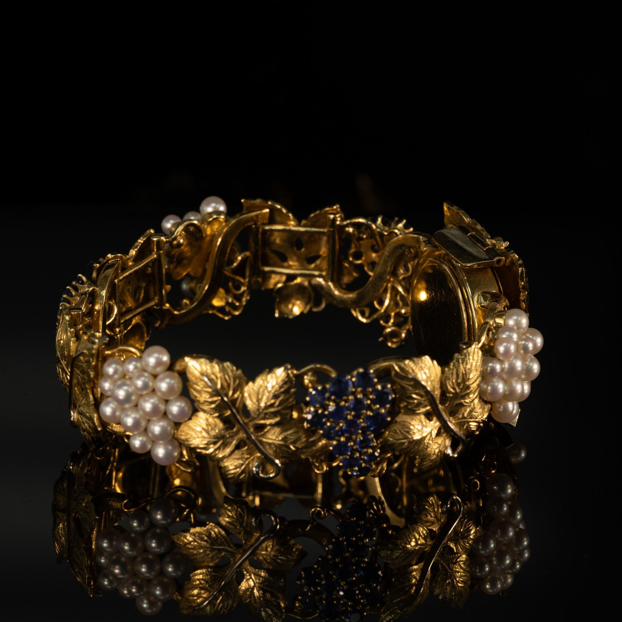 Omega Damen 18K Gold Grape Leaf Sapphire Pearl & Diamond Armband Armbanduhr (Rundschliff)