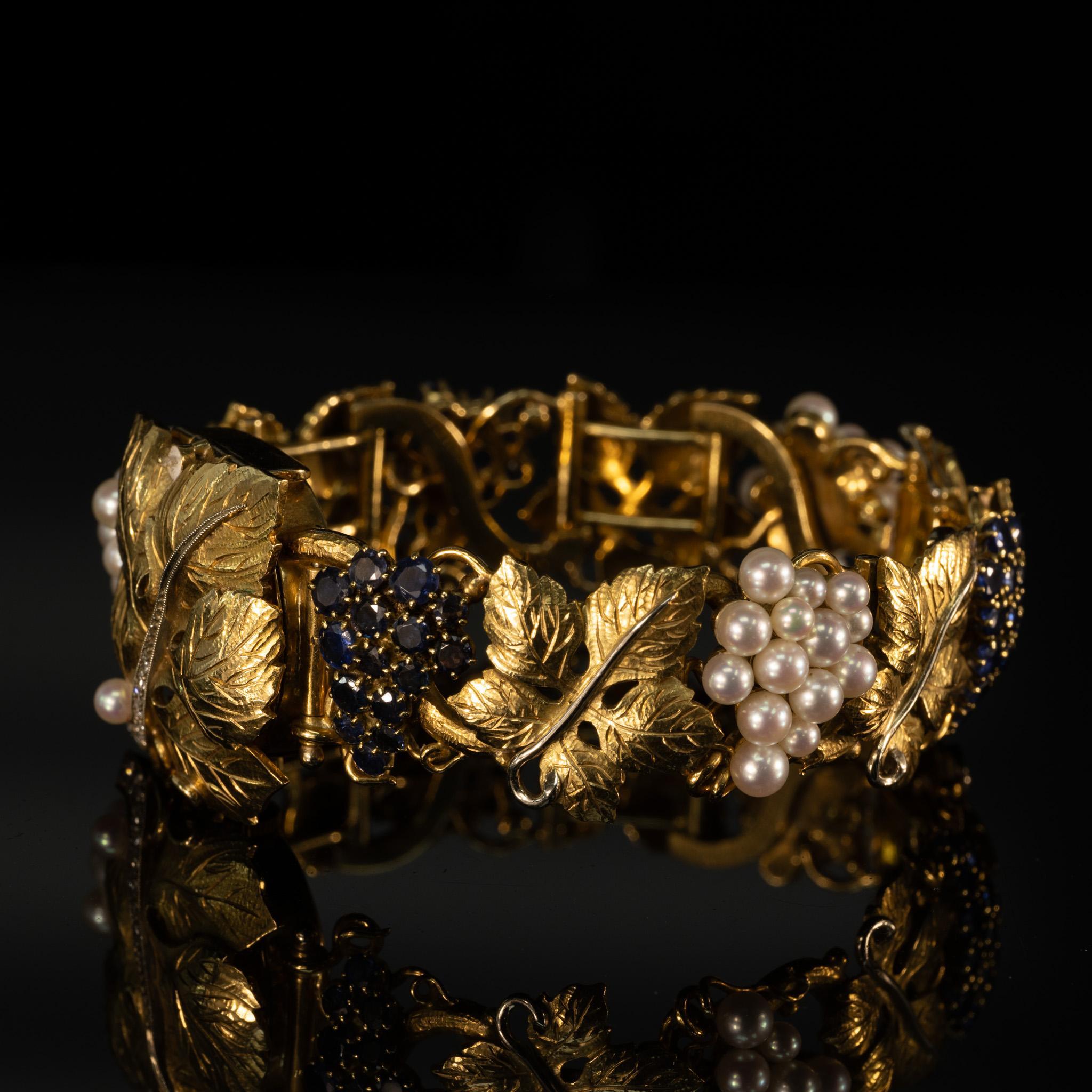 Omega Damen 18K Gold Grape Leaf Sapphire Pearl & Diamond Armband Armbanduhr im Zustand „Gut“ in Addison, TX
