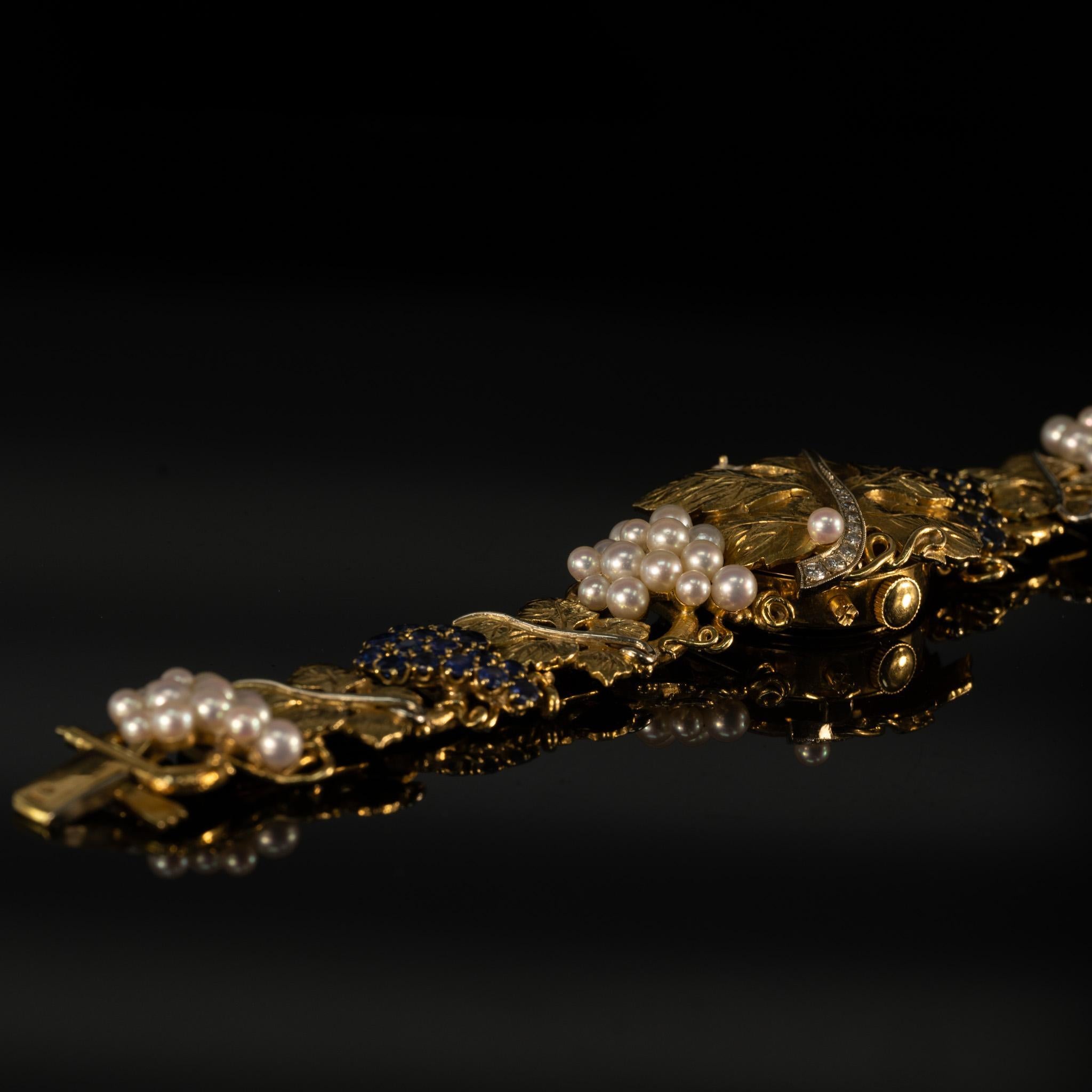 Omega Damen 18K Gold Grape Leaf Sapphire Pearl & Diamond Armband Armbanduhr 3