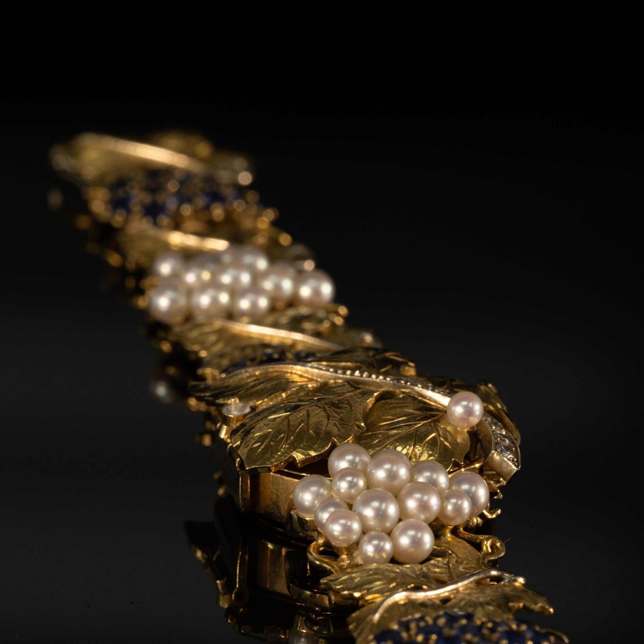 Omega Damen 18K Gold Grape Leaf Sapphire Pearl & Diamond Armband Armbanduhr 4