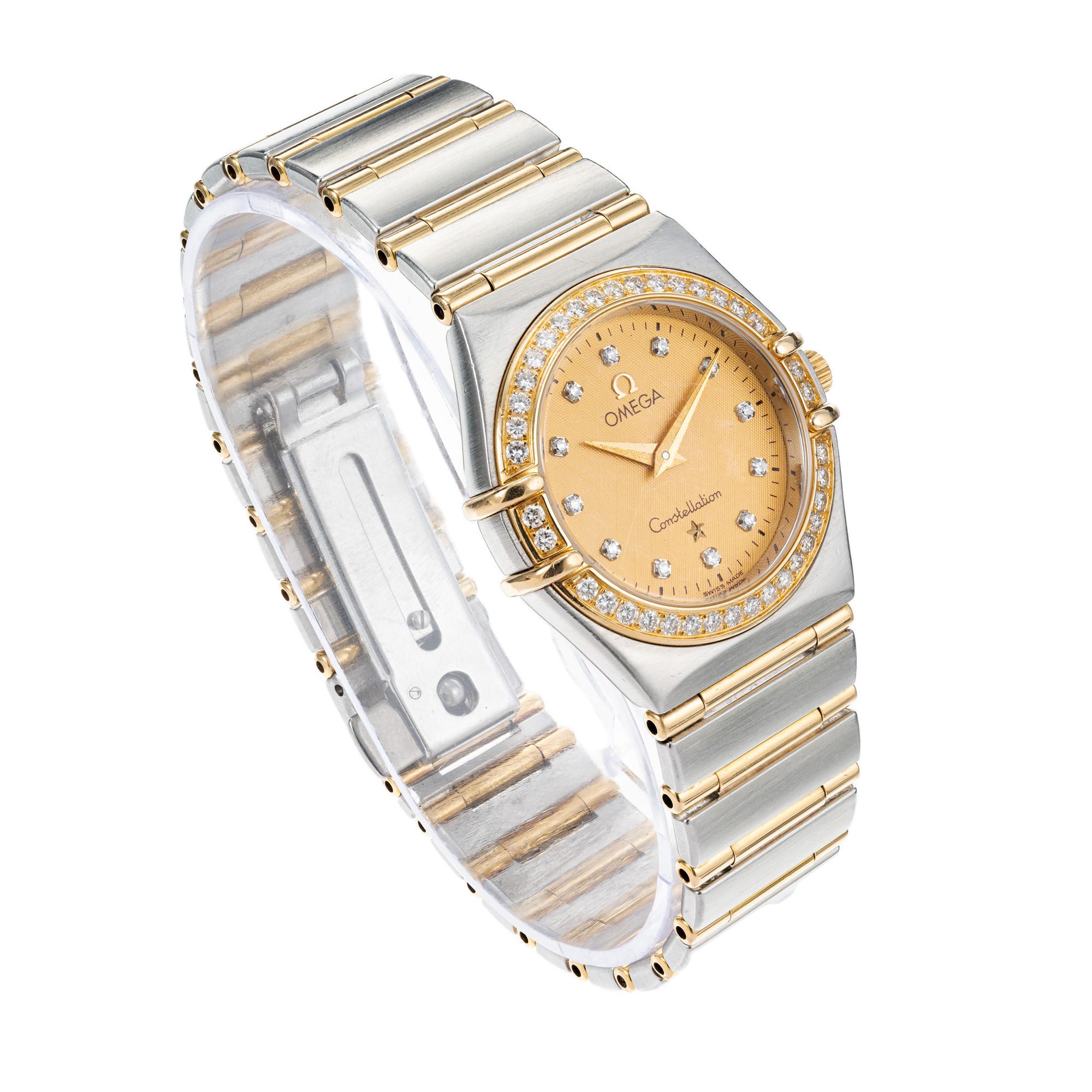 Round Cut Omega Ladies Constellation Diamond Yellow Gold Stainless Steel Wristwatch