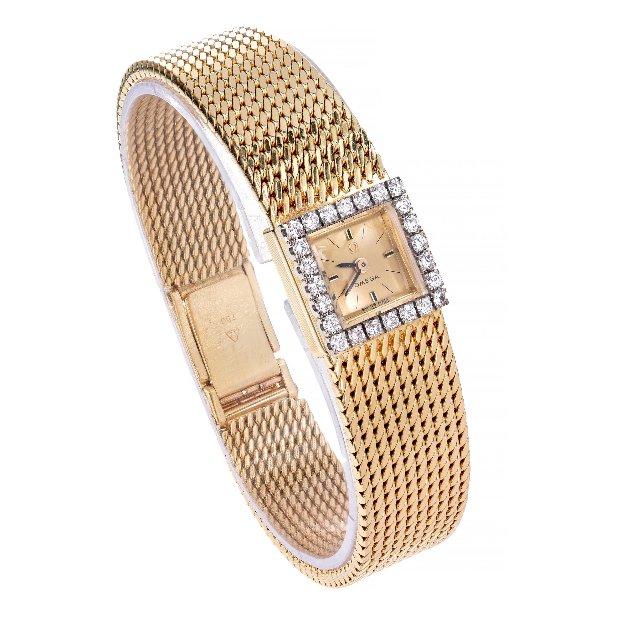 Round Cut Omega Ladies Diamond Yellow Gold Wristwatch  For Sale