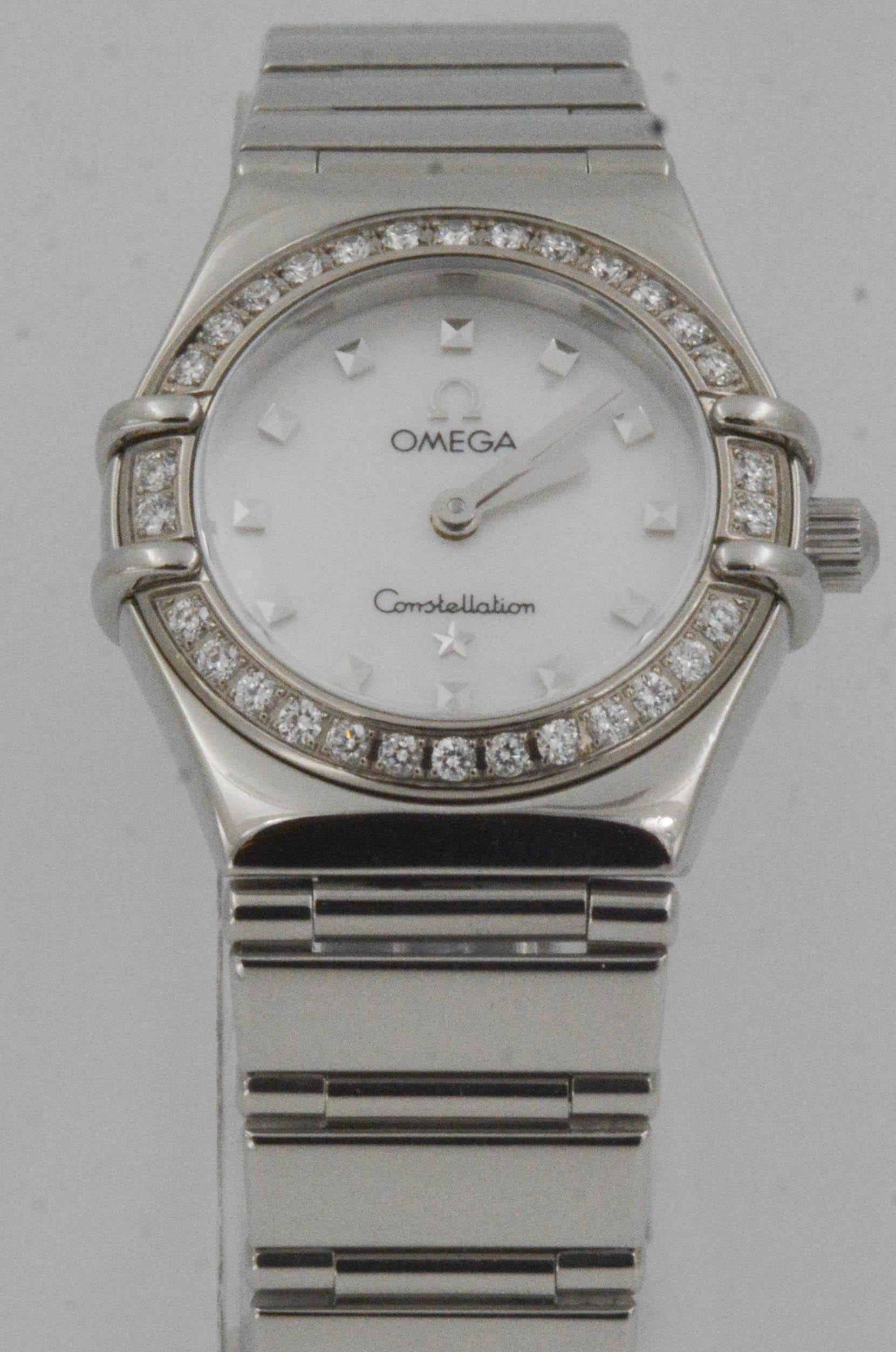 • Model: OMEGA Constellation  
• Movement: Quartz
• Case Size: 22mm 
• Case Material: Stainless steel
• Dial: White mother of pearl with diamond bezel
• Strap: Stainless steel bracelet
• Closure/Clasp Type: Deployment clasp
• CIRCA 2008; box only
•