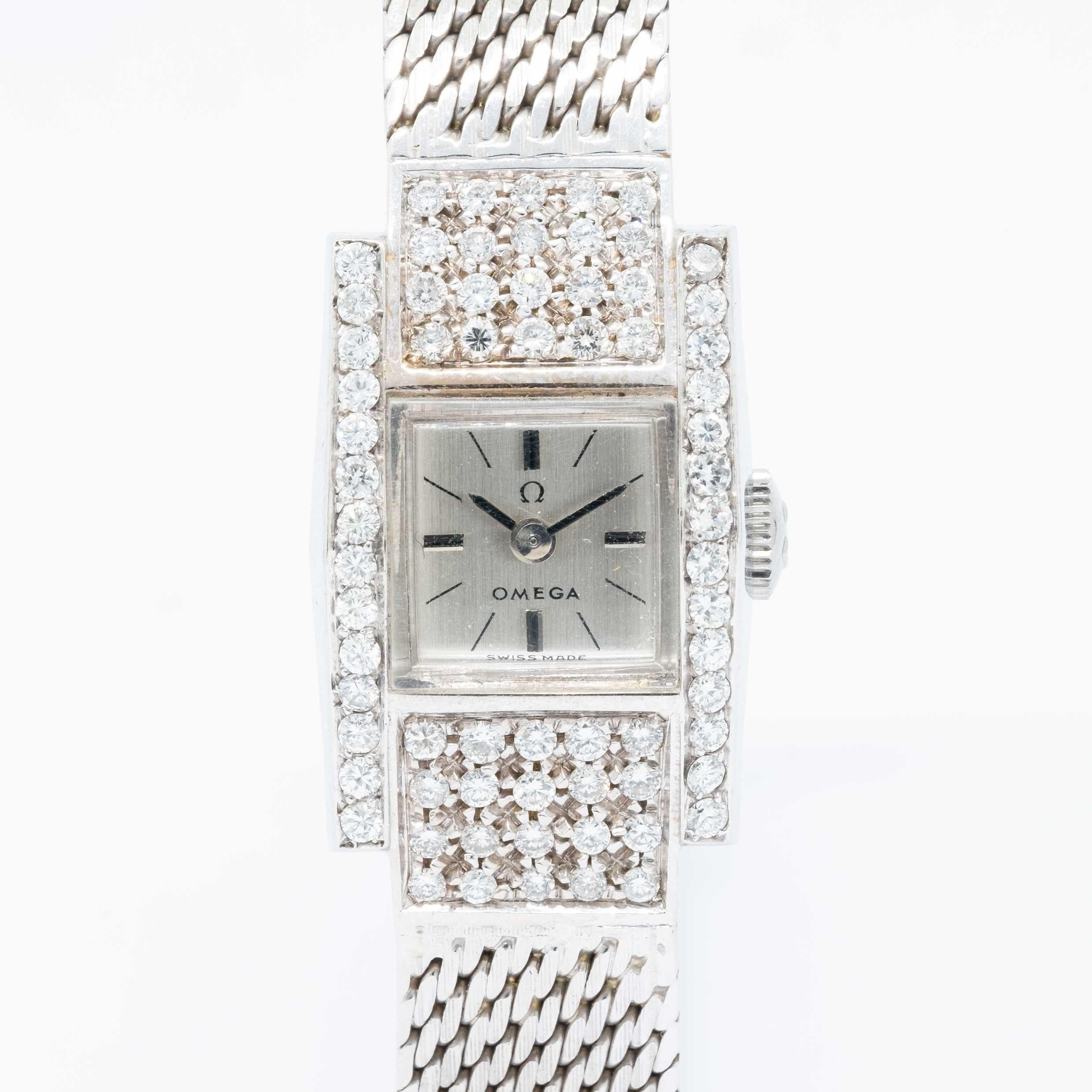 Round Cut Omega Ladies watch 18ct white gold and diamonds For Sale