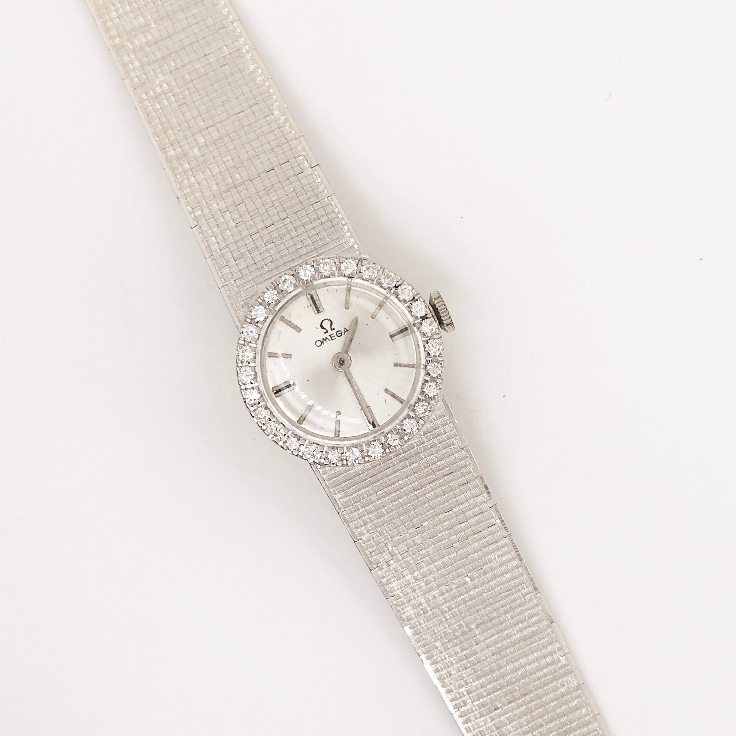 Retro Omega Ladies Watch with Diamond Dial and Diamond Bezel, 18 Karat White Gold