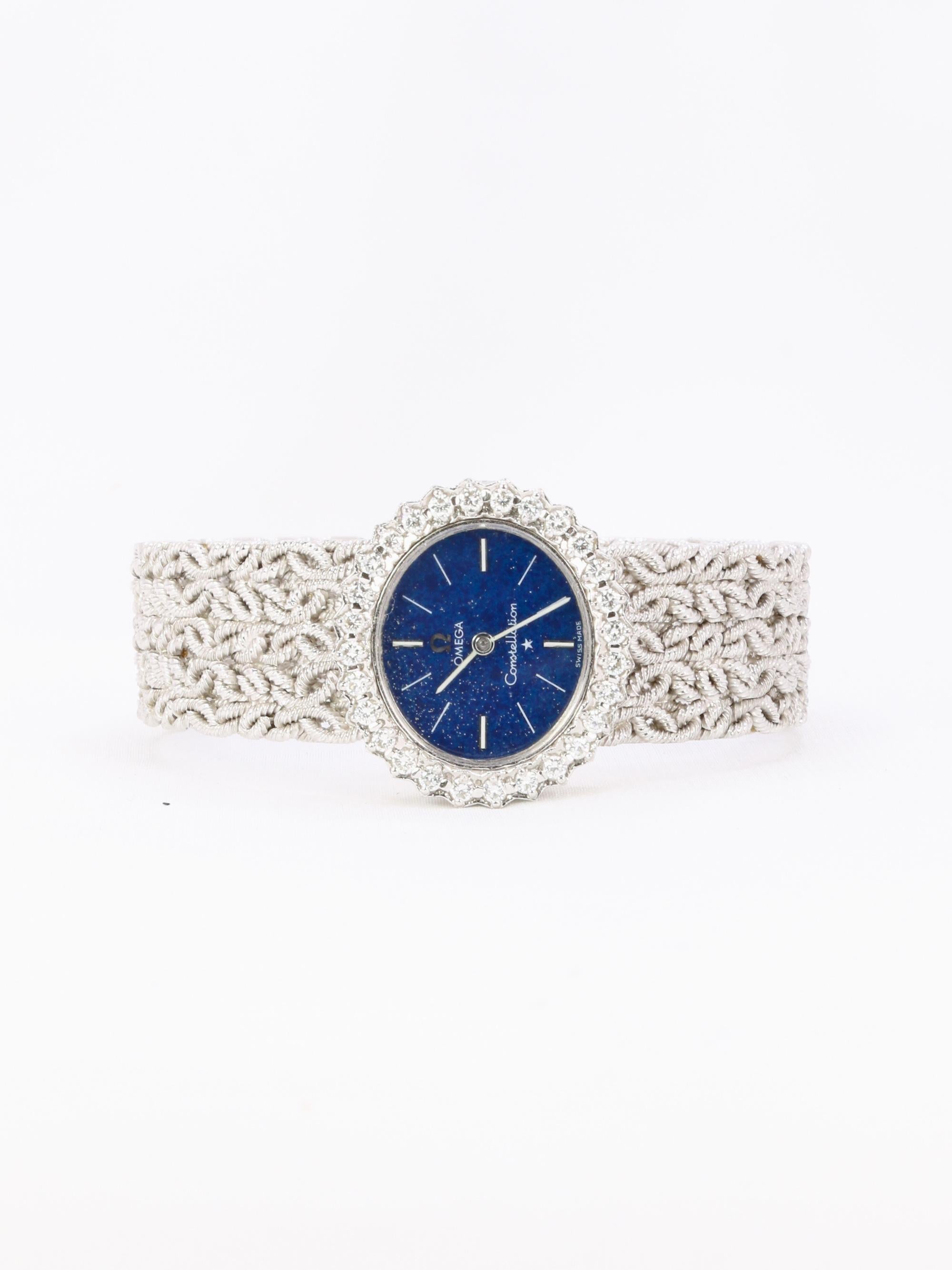 OMEGA - Damen-Armbanduhr aus Weißgold mit Diamanten und Lapislazuli (Retro) im Angebot