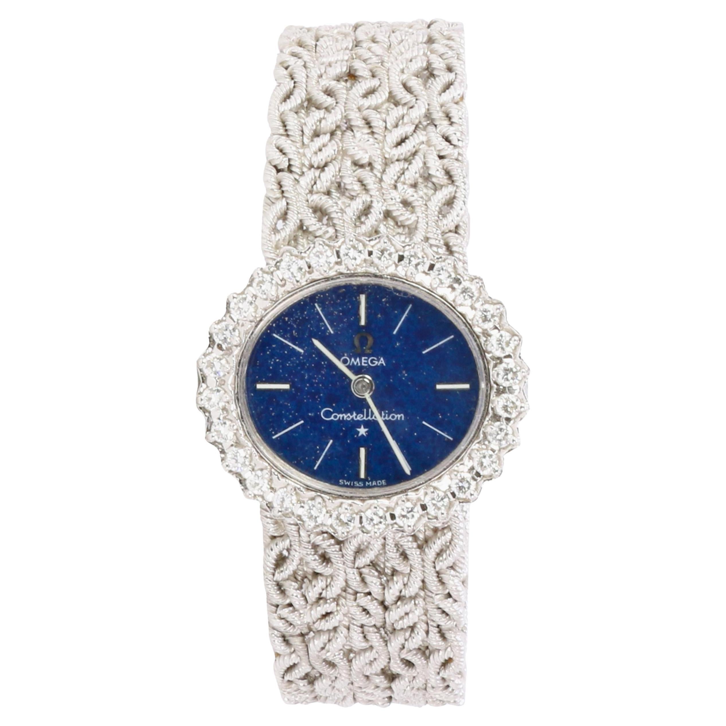 OMEGA - Damen-Armbanduhr aus Weißgold mit Diamanten und Lapislazuli im Angebot