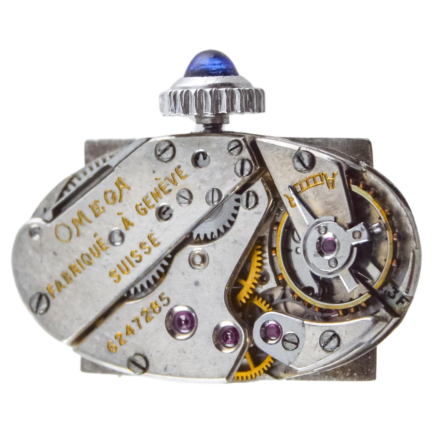 Omega Ladies White Gold Sapphire Diamond Art Deco Watch, circa 1930s For Sale 12