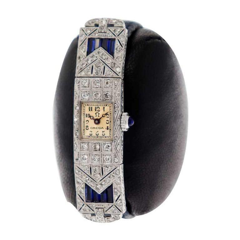 Omega Damen Weißgold Saphir Diamant Art Deco Uhr, ca. 1930er Jahre im Angebot 2