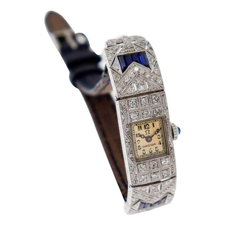 Omega Ladies White Gold Sapphire Diamond Art Deco Watch, circa 1930s For Sale 2
