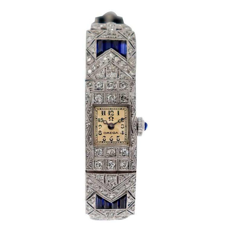 Omega Ladies White Gold Sapphire Diamond Art Deco Watch, circa 1930s For Sale 3