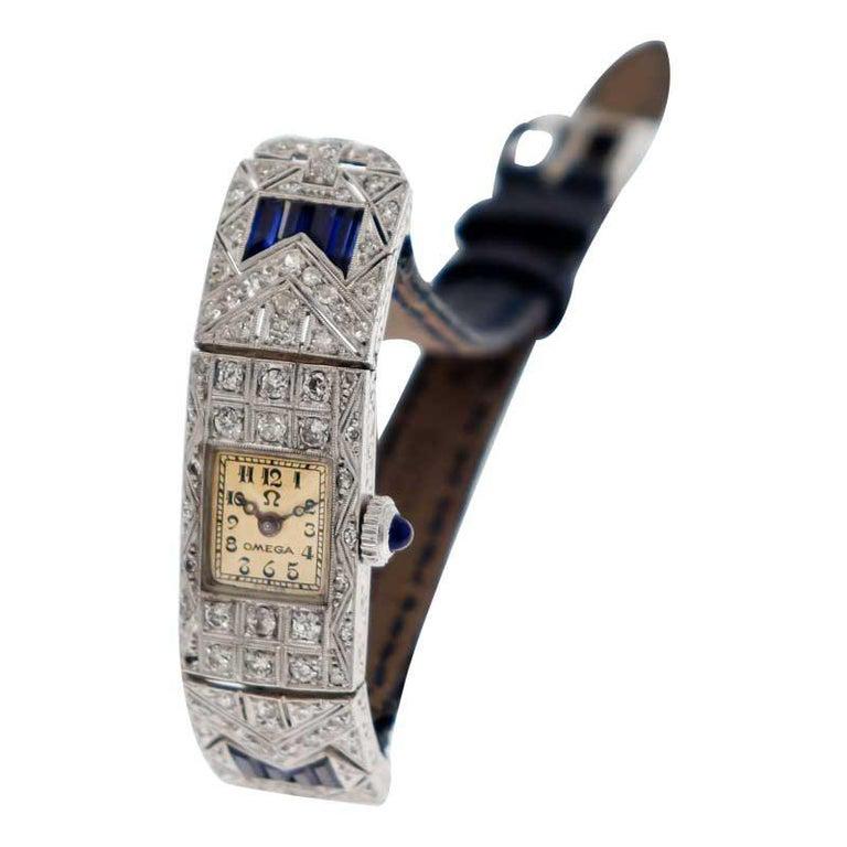 Omega Ladies White Gold Sapphire Diamond Art Deco Watch, circa 1930s For Sale 5