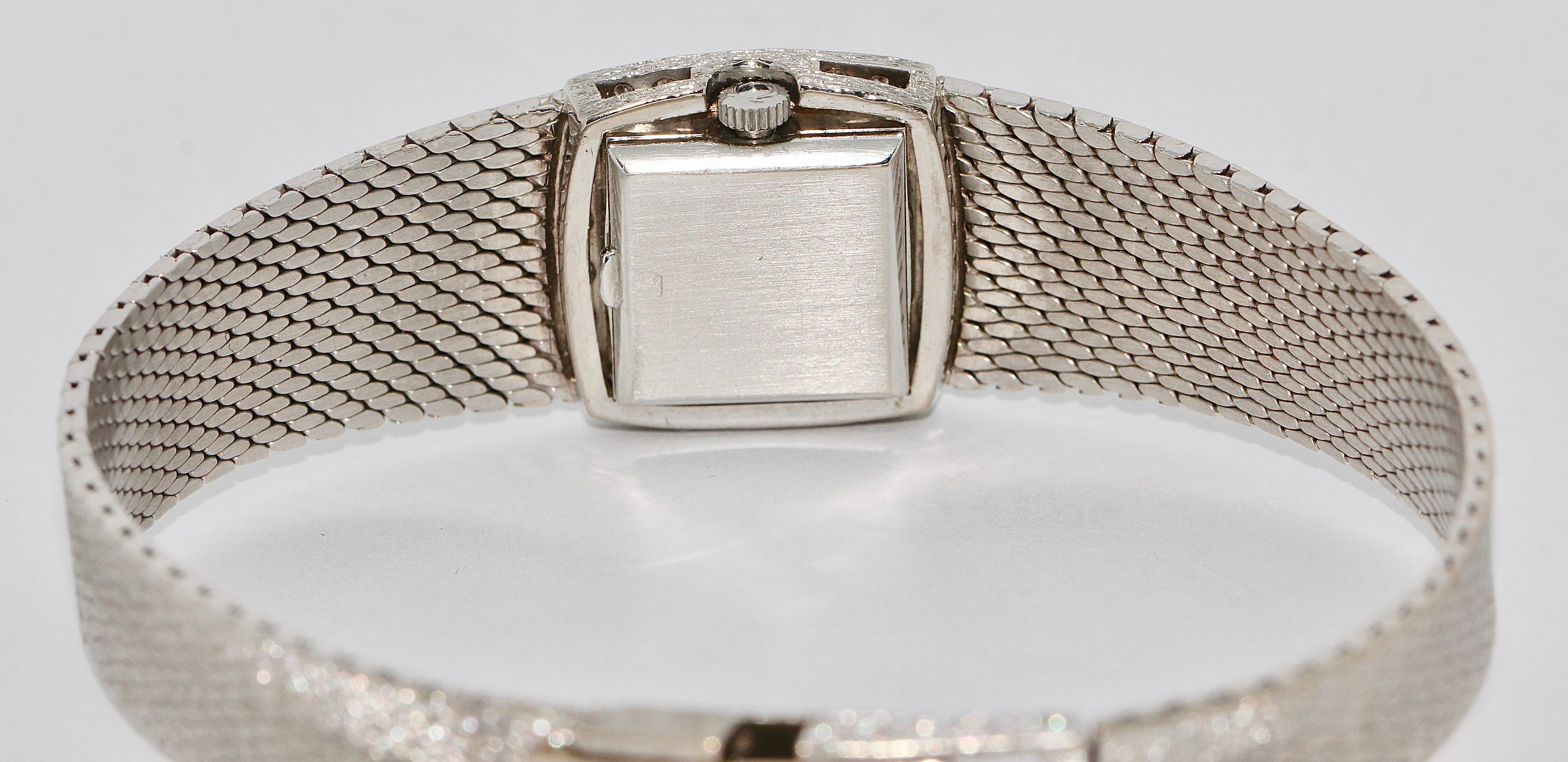 Round Cut Omega Ladies Wristwatch, 18 Karat White Gold, with Diamonds, Manual Wind For Sale