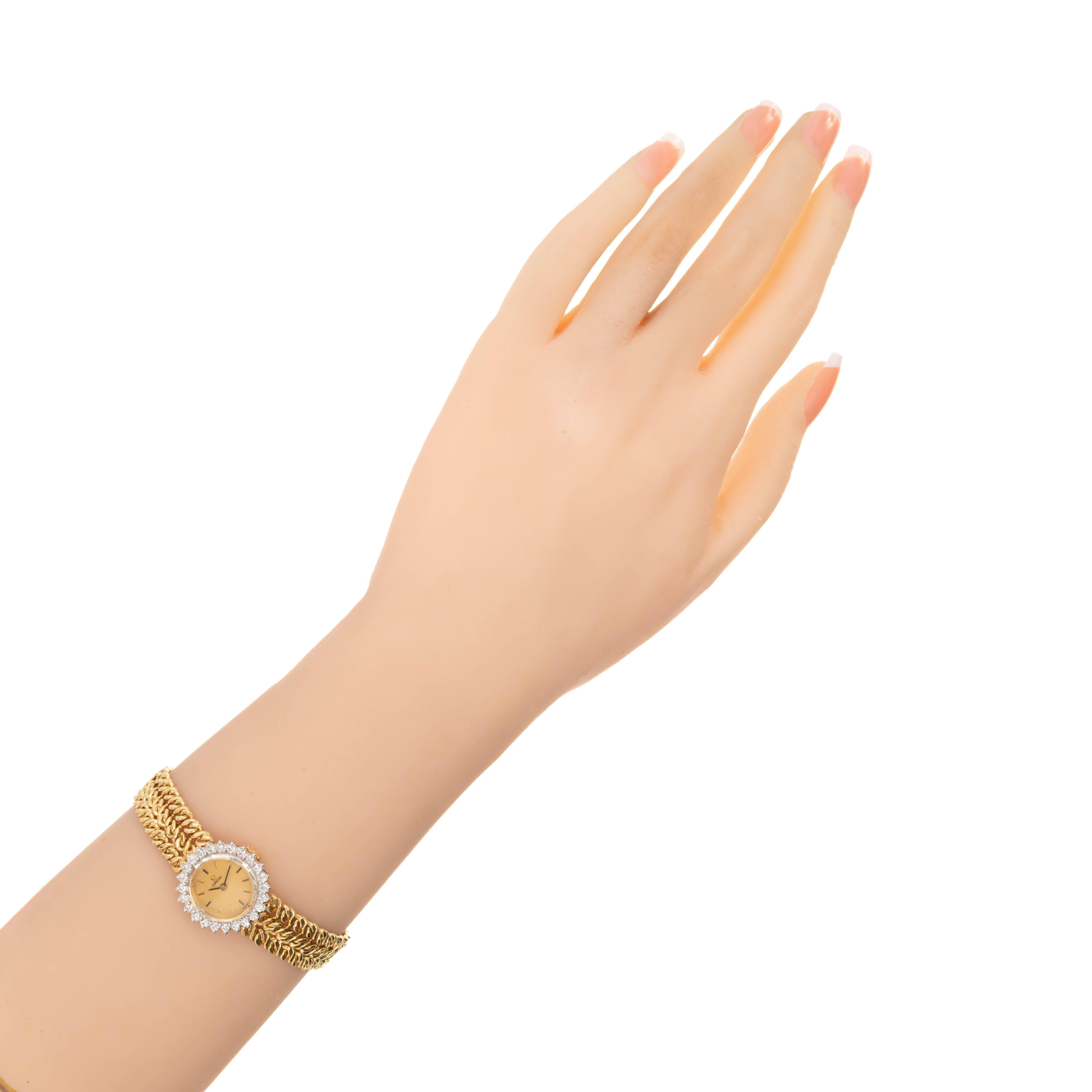 Omega Ladies Diamond Yellow Gold Bracelet Wristwatch In Good Condition In Stamford, CT