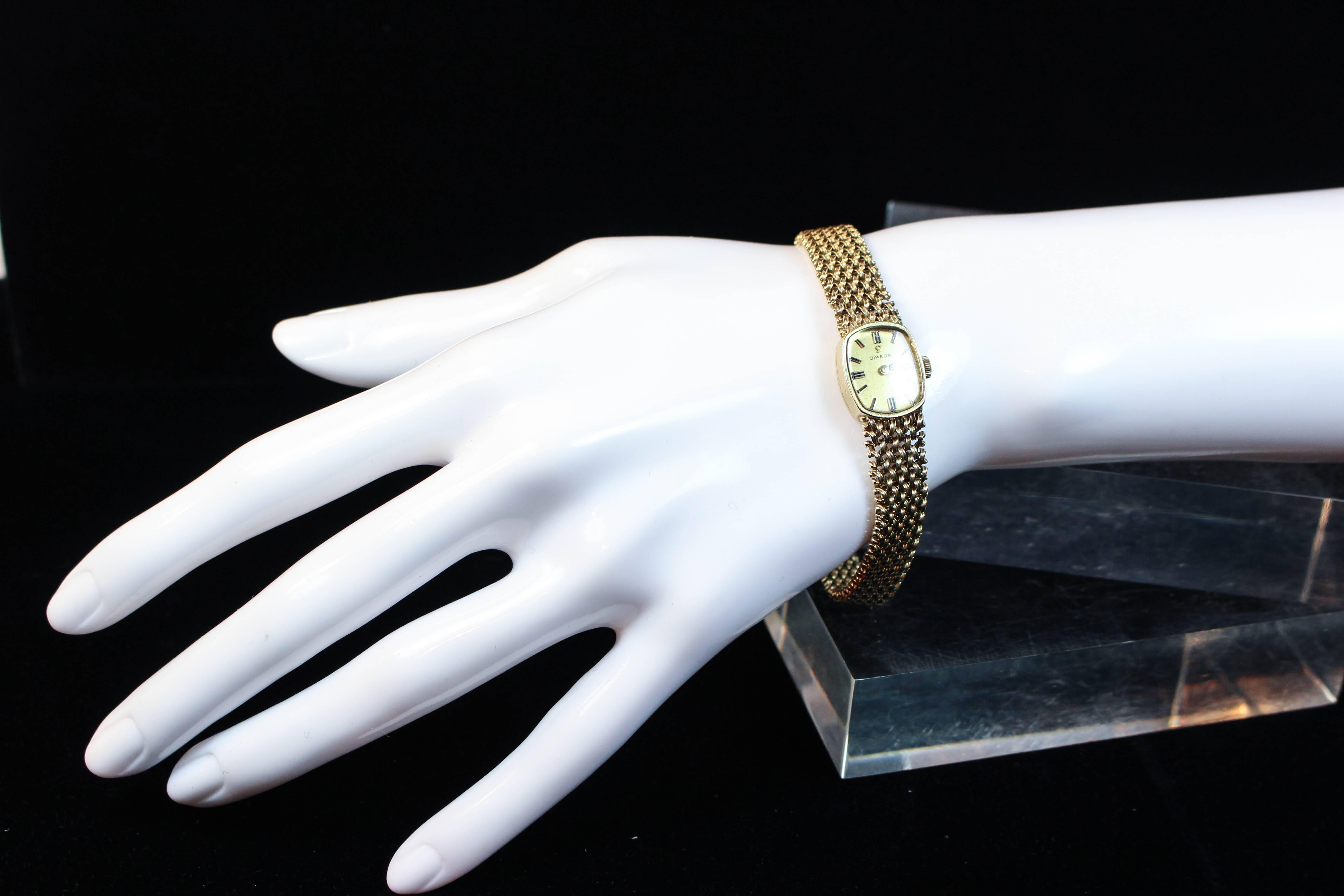 Omega Lady's Yellow Gold Woven Wristwatch In Excellent Condition For Sale In Los Angeles, CA