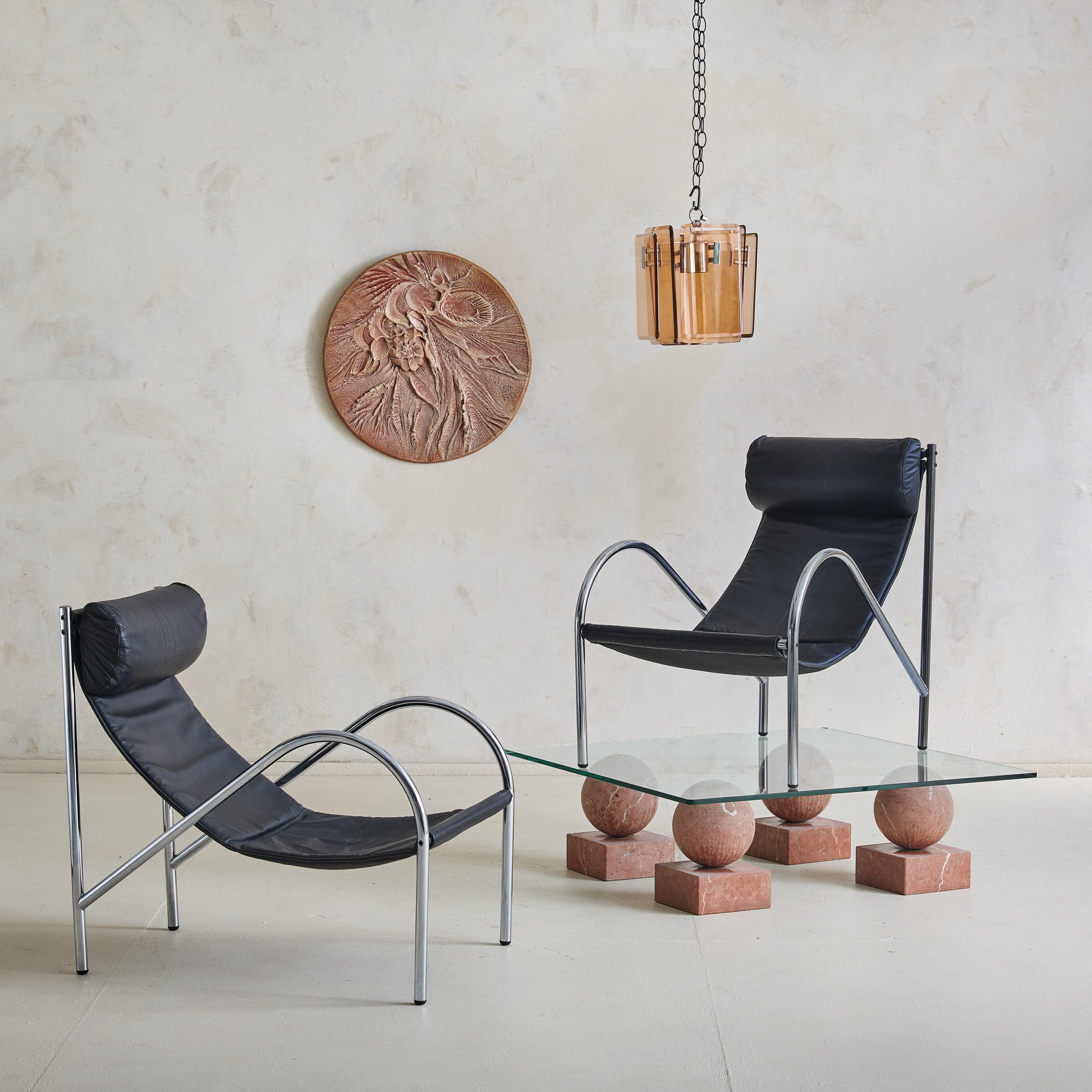 Mid-Century Modern ‘Omega’ Leather + Chrome Armchair by Habitat, 1980s For Sale