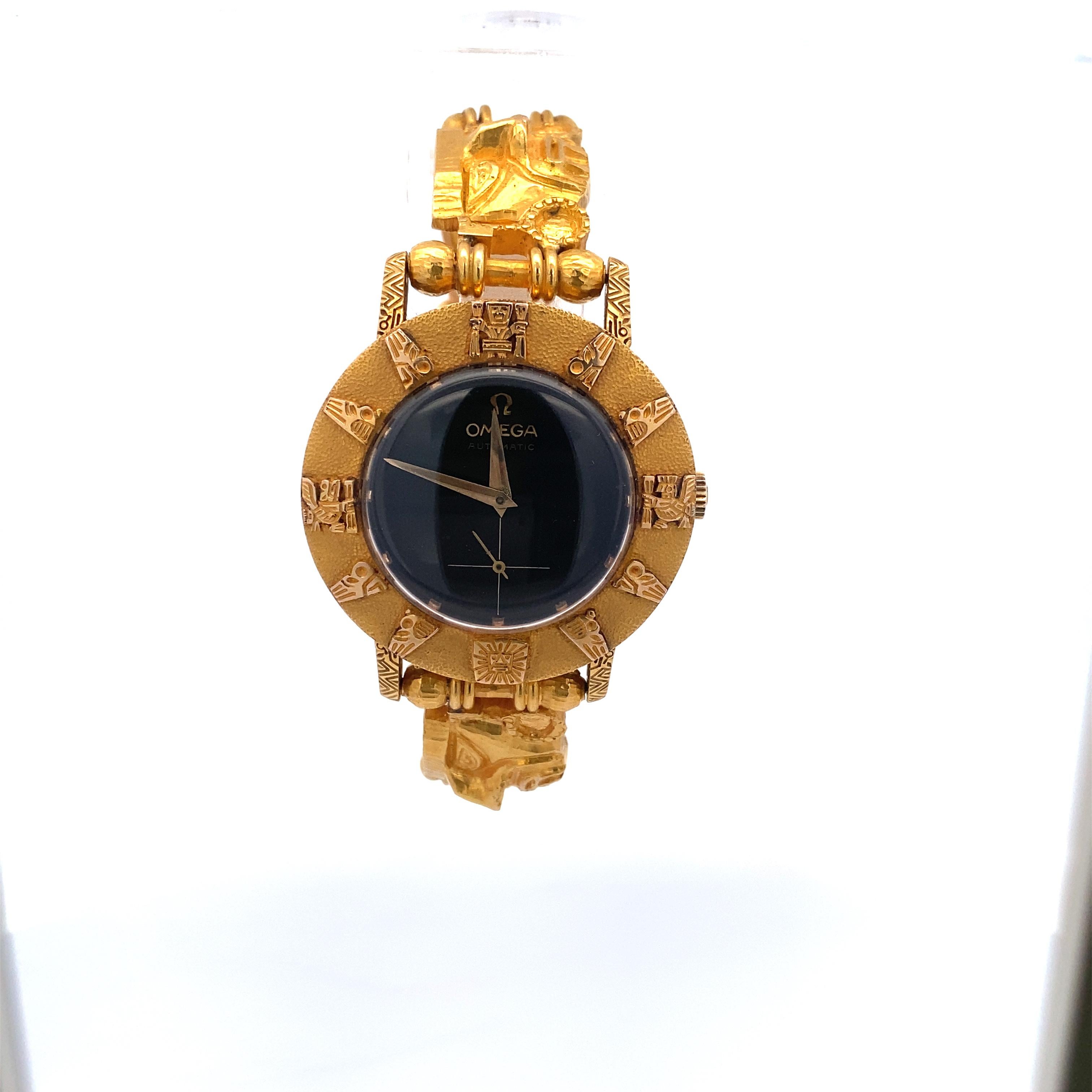 Artisan Omega Mechanical Watch with Custom Made Solid Gold Peruvian Moche Case and Brace For Sale