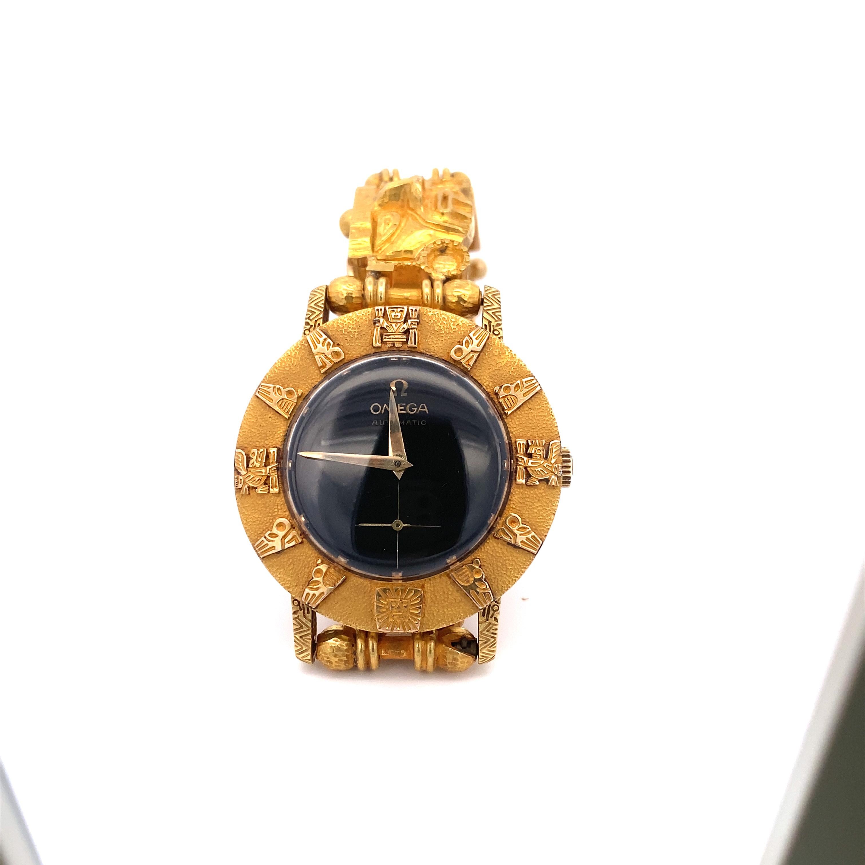 Omega Mechanical Watch with Custom Made Solid Gold Peruvian Moche Case and Brace In Good Condition For Sale In DALLAS, TX