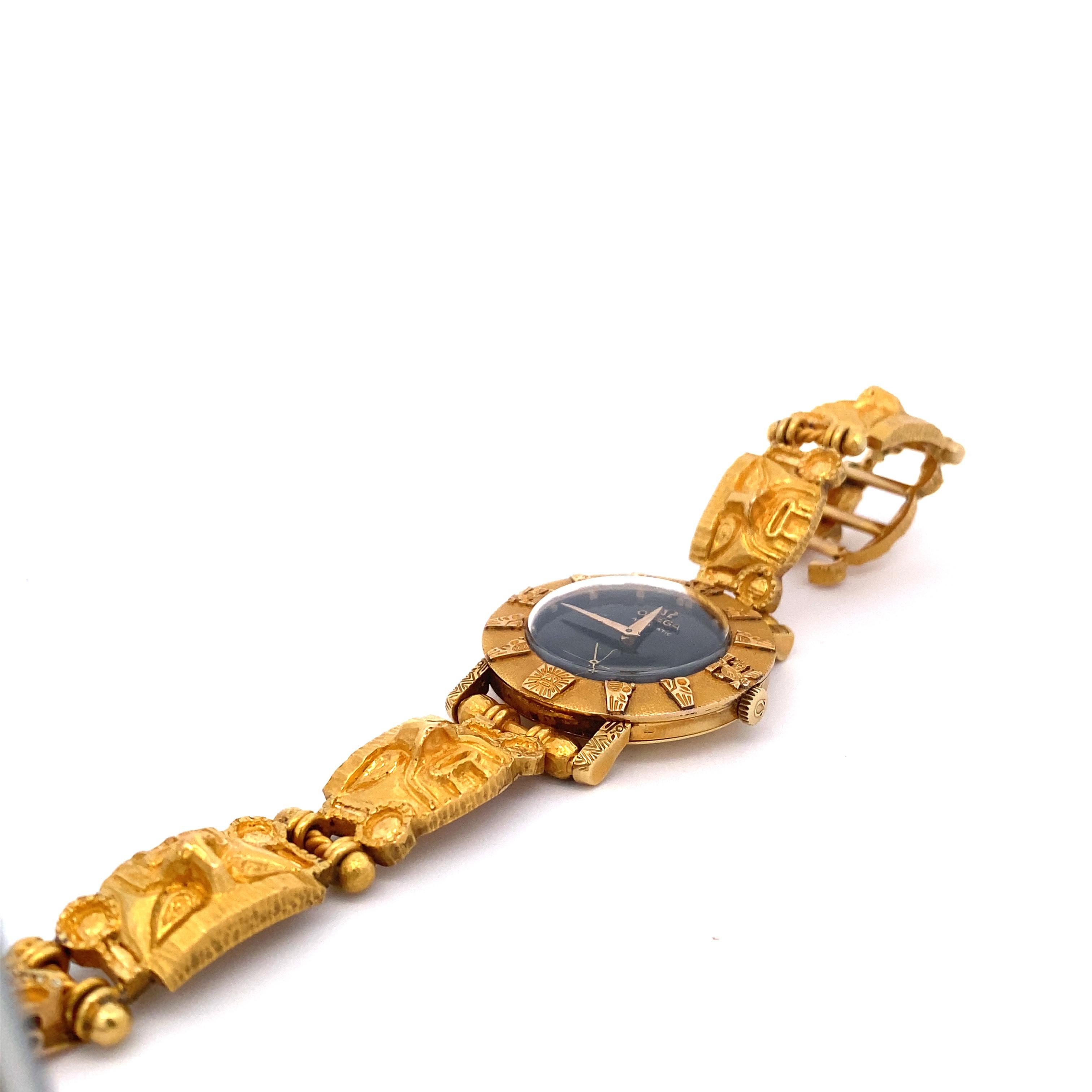 Omega Mechanical Watch with Custom Made Solid Gold Peruvian Moche Case and Brace For Sale 1