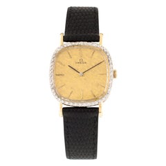 Retro Omega Men's 14 Karat Gold Hand-Winding Watch with Diamond Bezel Leather Band