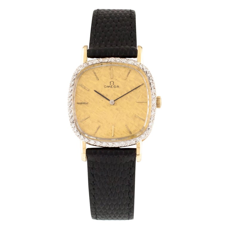 Omega Men's 14 Karat Gold HandWinding Watch with Diamond Bezel Leather