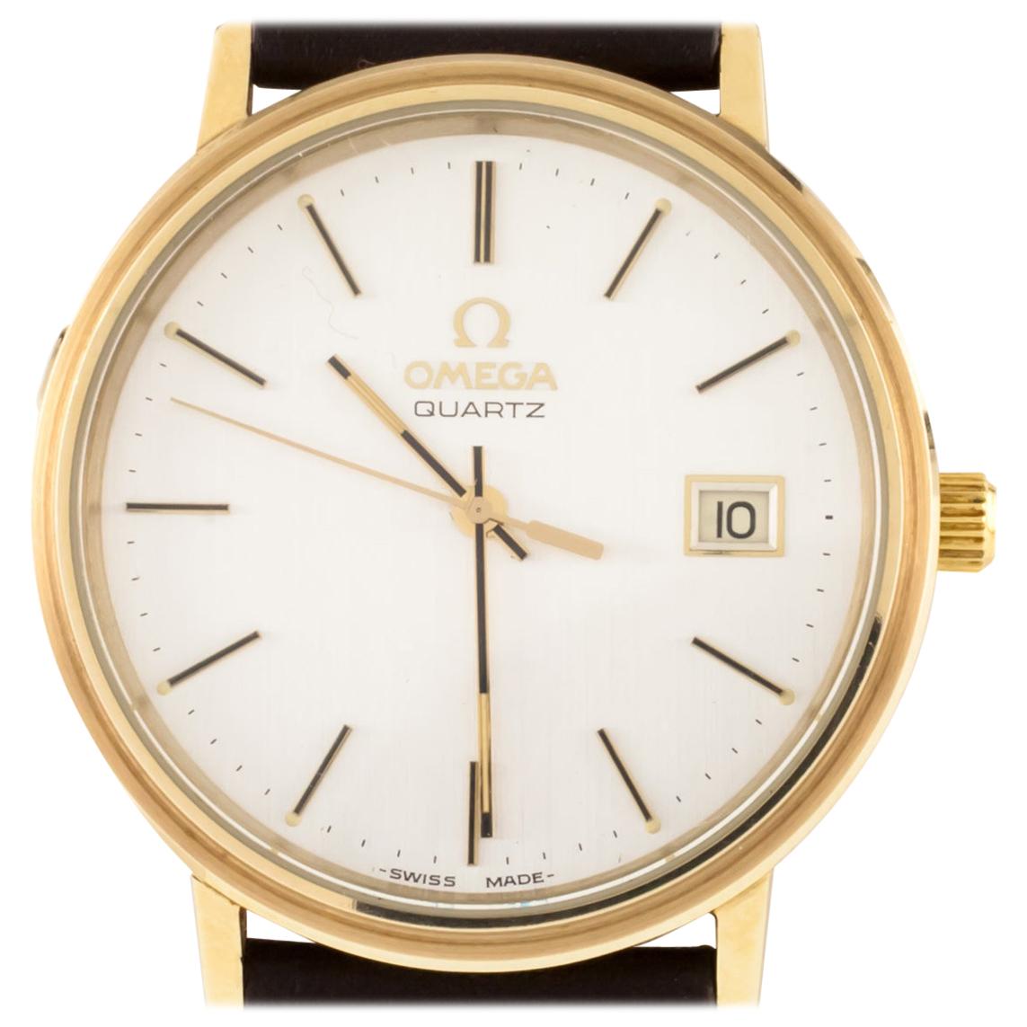 Omega Men's Quartz Gold-Plated Watch w/ Leather Band Model #1342