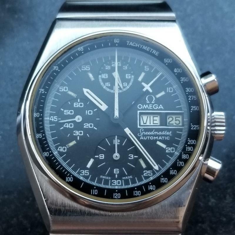 Modern icon, men's all-stainless steel Omega Speedmaster 1760015 automatic chronograph, c.1970s, all original. Verified authentic by a master watchmaker. Black Omega dial, lumed baton hour markers, minute tracker, white minute and hour hands,