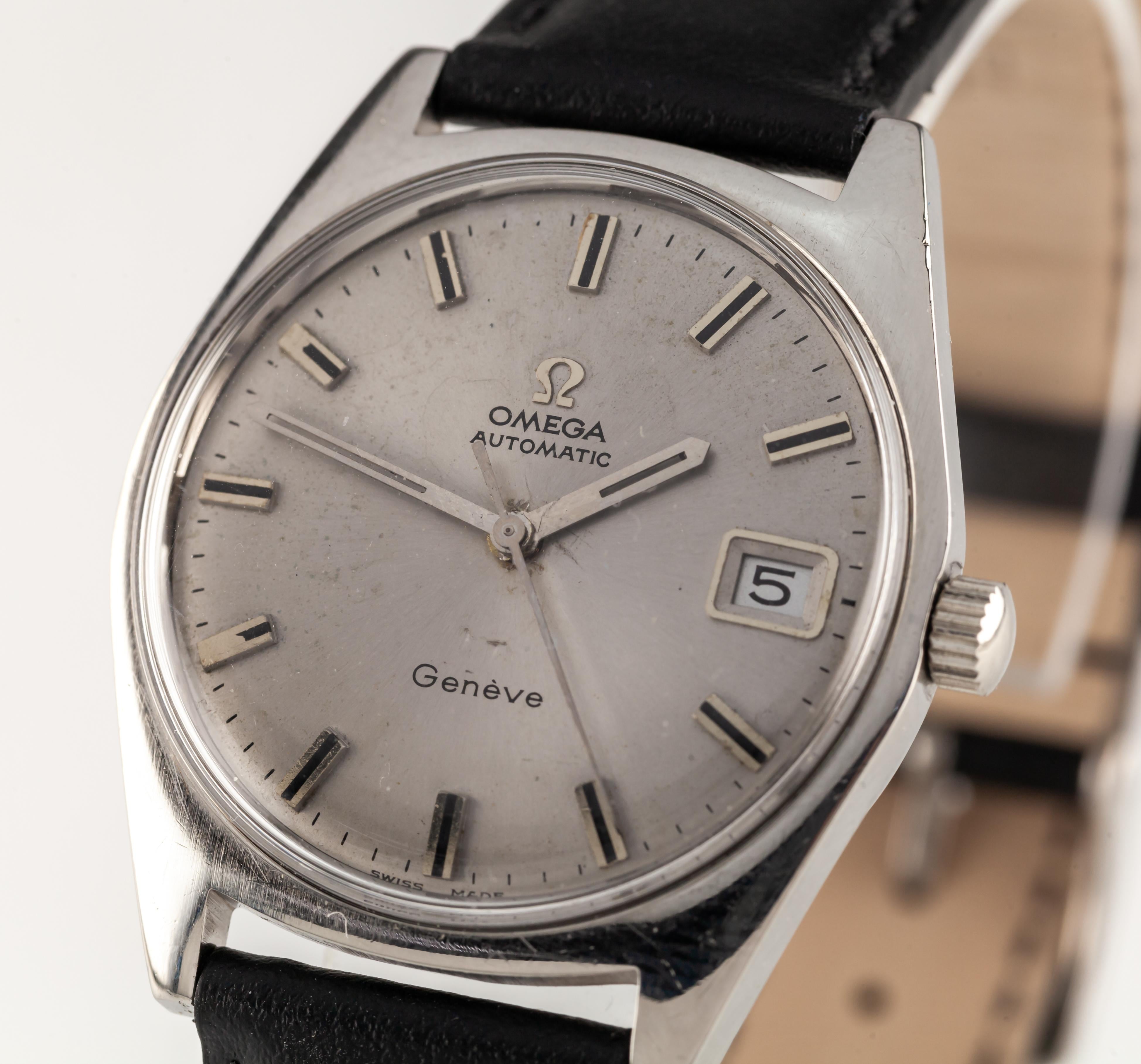 Omega Men's Stainless Steel Automatic Geneve Watch w/ Date Leather Band 565 In Good Condition For Sale In Sherman Oaks, CA
