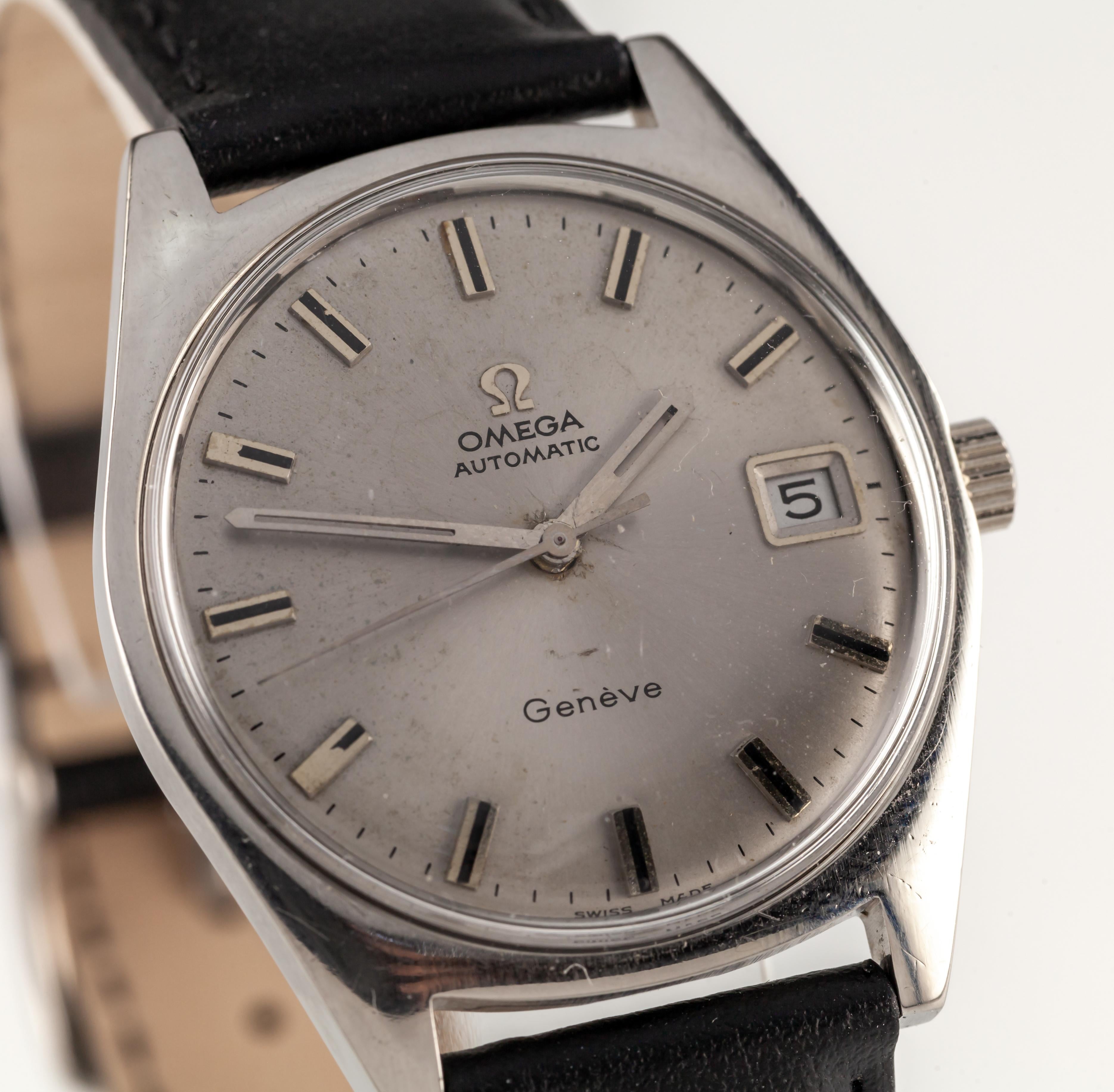 Omega Men's Stainless Steel Automatic Geneve Watch w/ Date Leather Band 565 For Sale 1