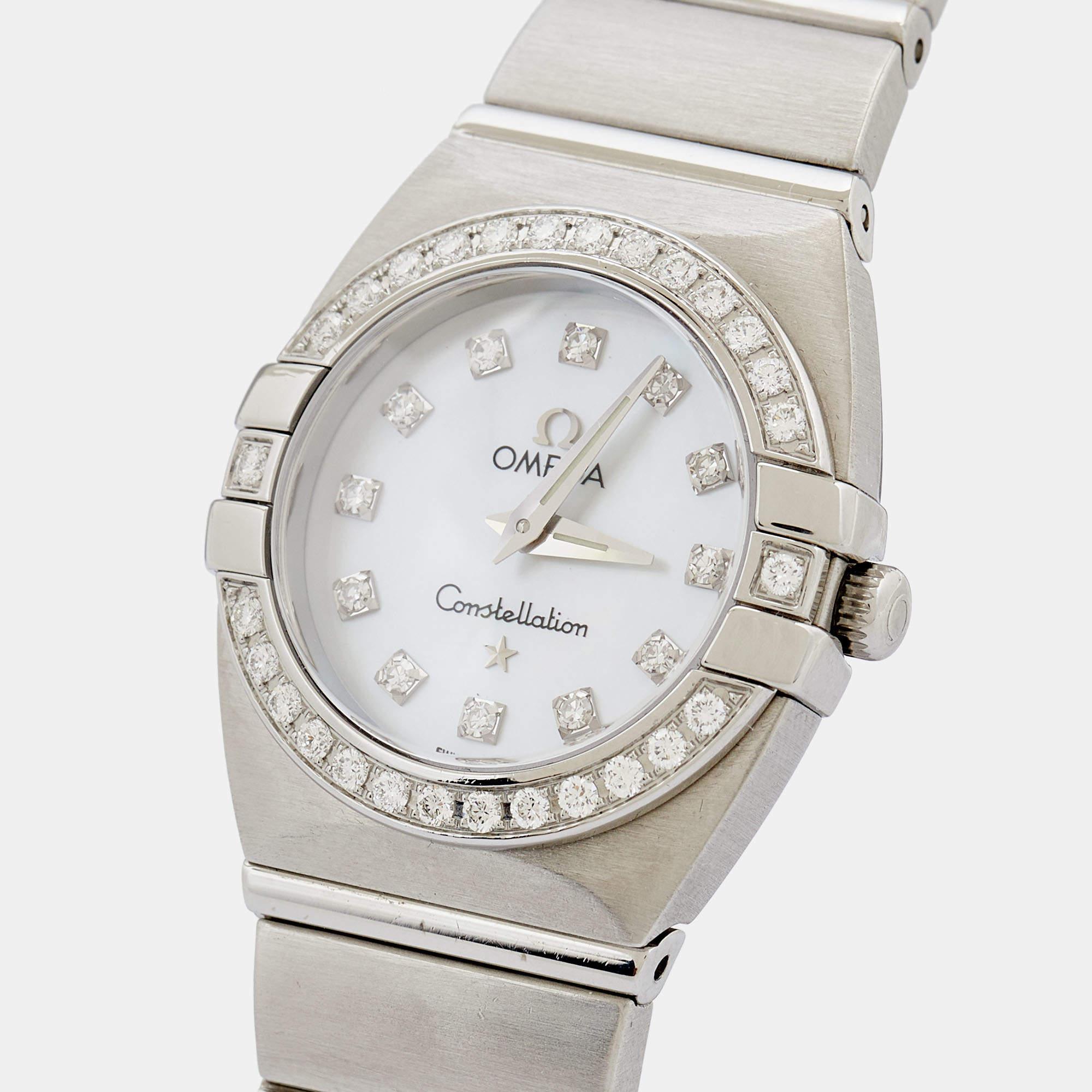 Omega Montre-bracelet Constellation en acier inoxydable pour femme 24 mm avec diamants MOP 1