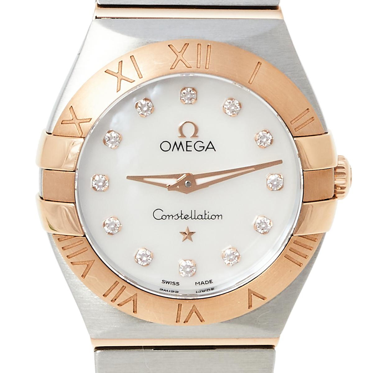 Contemporary Omega Mother of Pearl 18K Stainless Steel Diamond Constellation 24 mm