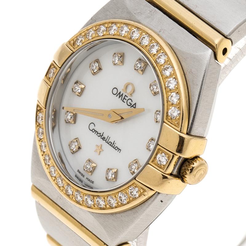Looking for a classic watch? Your search ends with this exquisite Omega watch part of the Constellation collection. Designed from an 18k yellow gold and stainless steel body, this watch comes with a rounded mother of pearl dial detailed with diamond