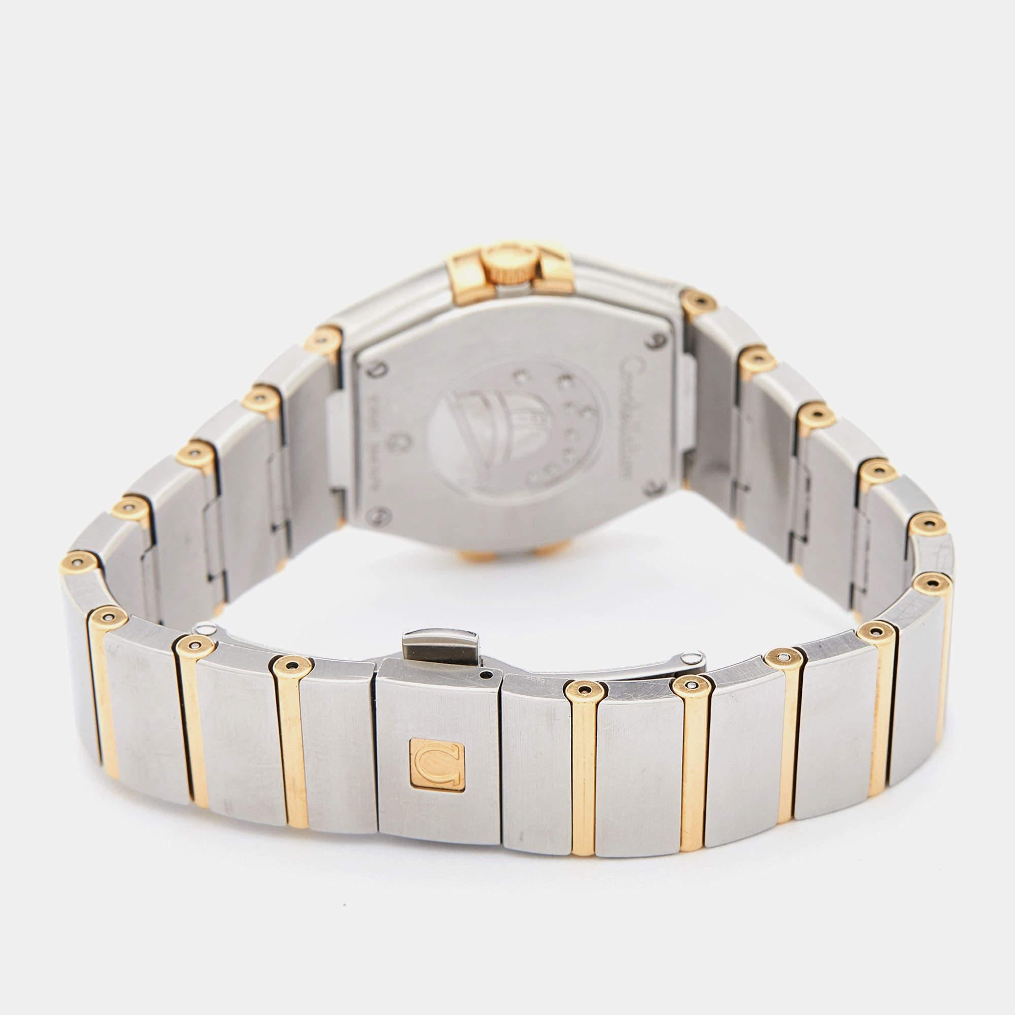 Omega brings you this gorgeous timepiece from their famous Constellation collection to flaunt on your wrist. It is crafted from 18k yellow gold & stainless steel and set with a mother-of-pearl dial and diamond hour markers.

