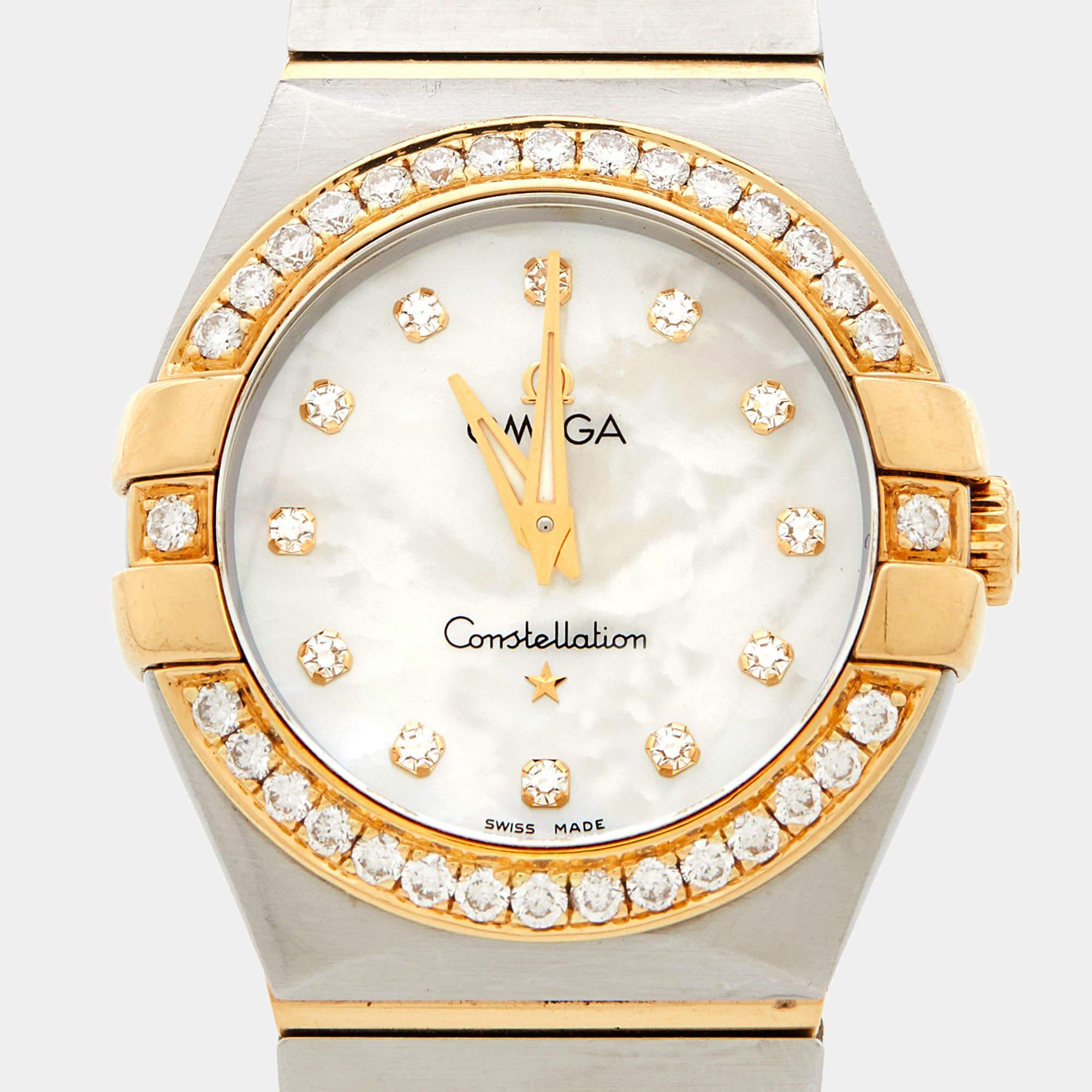 Women's Omega Mother Of Pearl 18K Yellow Gold Stainless Diamond Constellation 27 mm