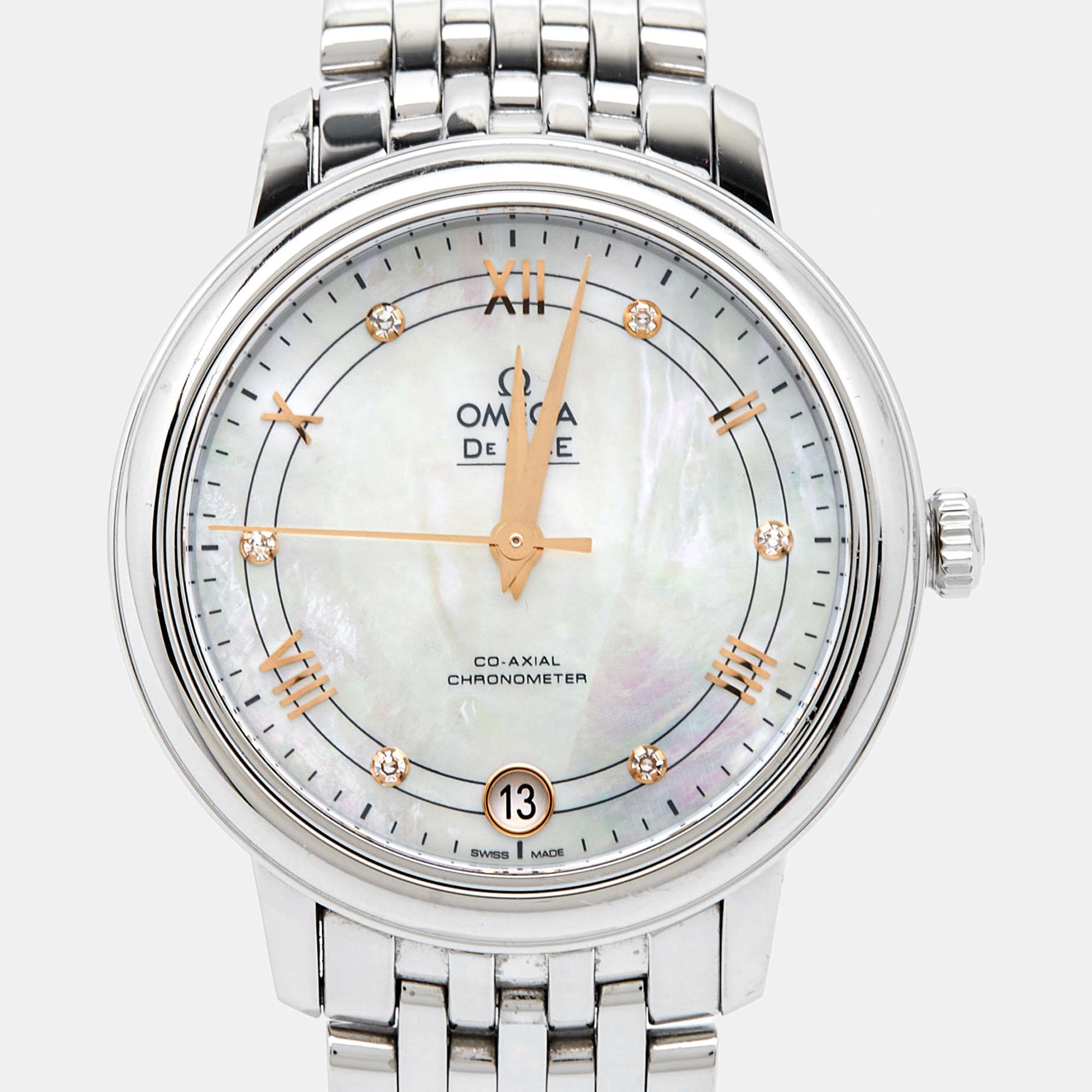 Aesthetic Movement Omega Mother Of Pearl Diamond 424.10.33.20.55.002 Women's Wristwatch 32.70 mm