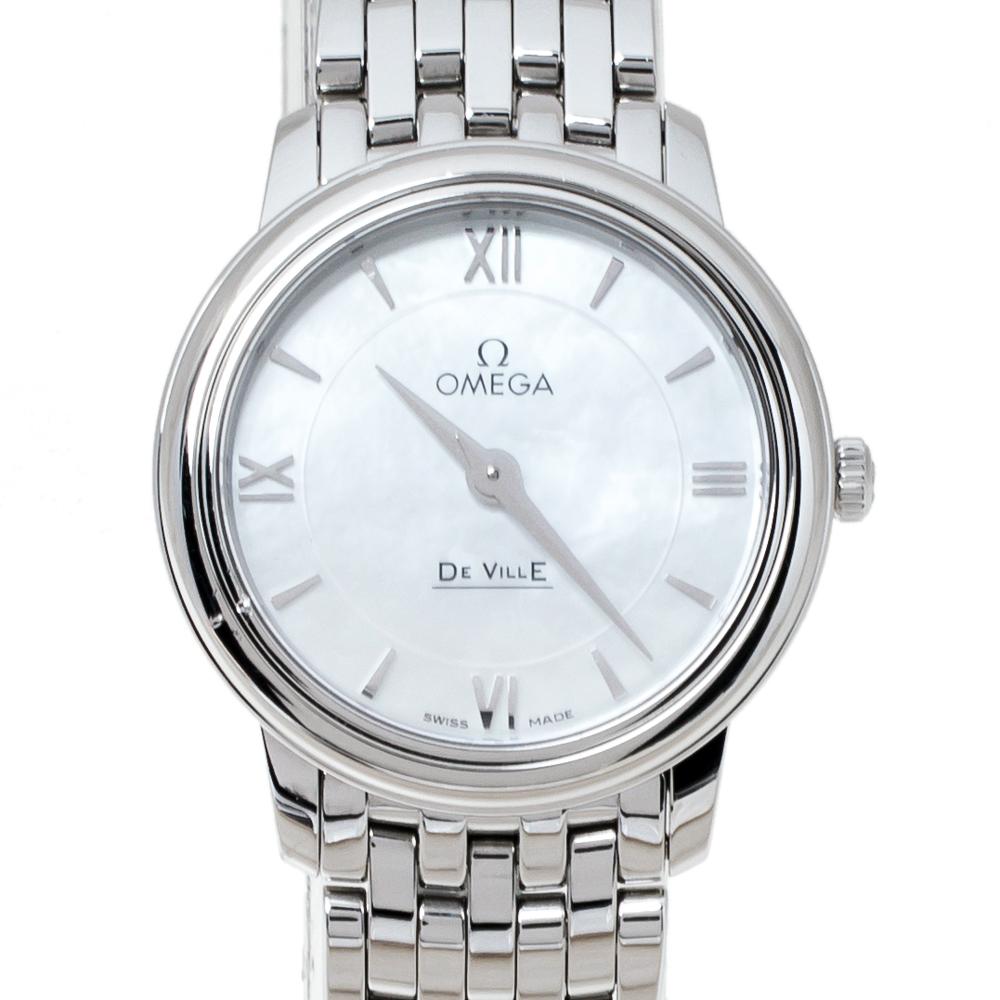 Antique Cushion Cut Omega Mother Of Pearl Stainless Steel De Ville Women's Wristwatch 27.40 mm