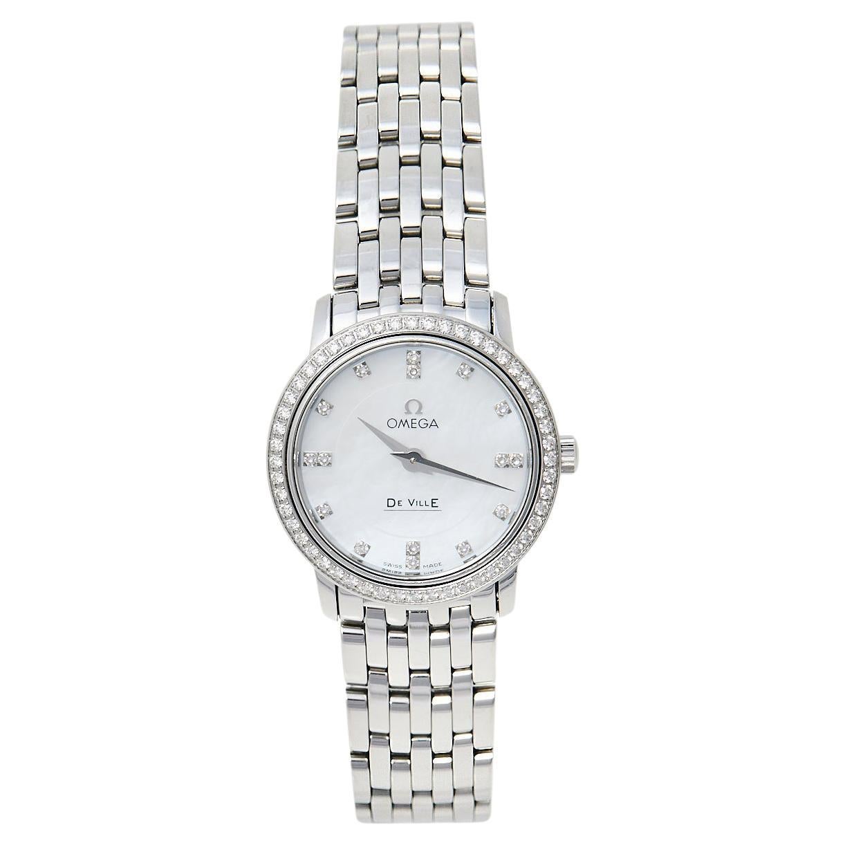 Omega Mother of Pearl Stainless Steel Diamonds De Ville Women's Wristwatch 27 mm