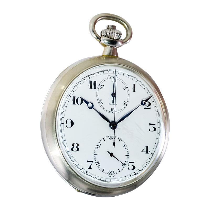 Art déco Omega Montre chronographe à cadran en nickel, argent et émail avec aiguilles Breguet, édition militaire en vente