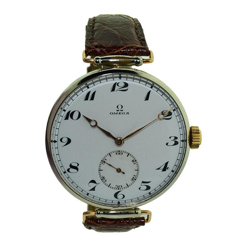 FACTORY / HOUSE: Omega Watch Company
METAL / MATERIAL: Nickel Silver
CIRCA: 1915
DIMENSIONS: 60 X 46
MOVEMENT / CALIBER: Manual Winding / 18 SPB
DIAL / HANDS: Original Kiln Fired Enamel / Gilt Breguet Moon Hands
ATTACHMENT / LENGTH: Strap Regular