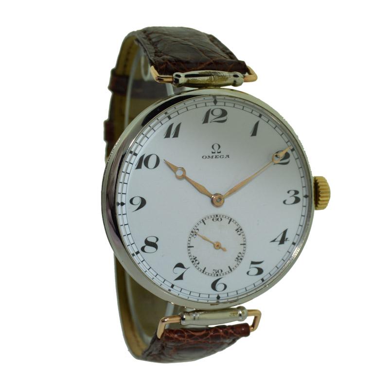 Art Deco Omega Nickel Silver Oversized Wristwatch with Enamel Dial, circa 1915
