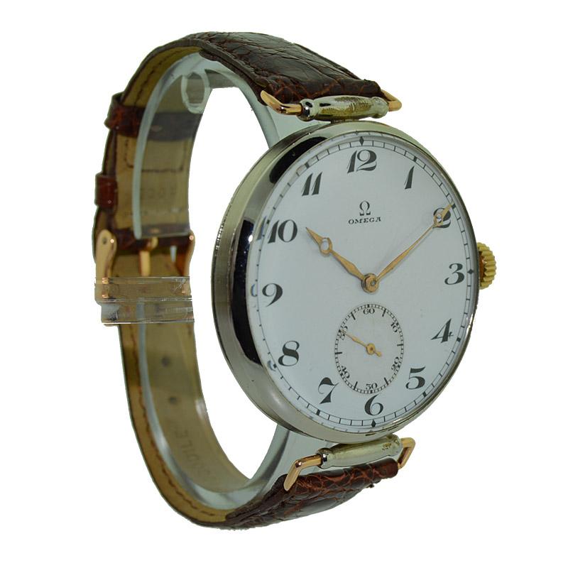Men's Omega Nickel Silver Oversized Wristwatch with Enamel Dial, circa 1915