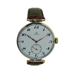 Antique Omega Nickel Silver Oversized Wristwatch with Enamel Dial, circa 1915