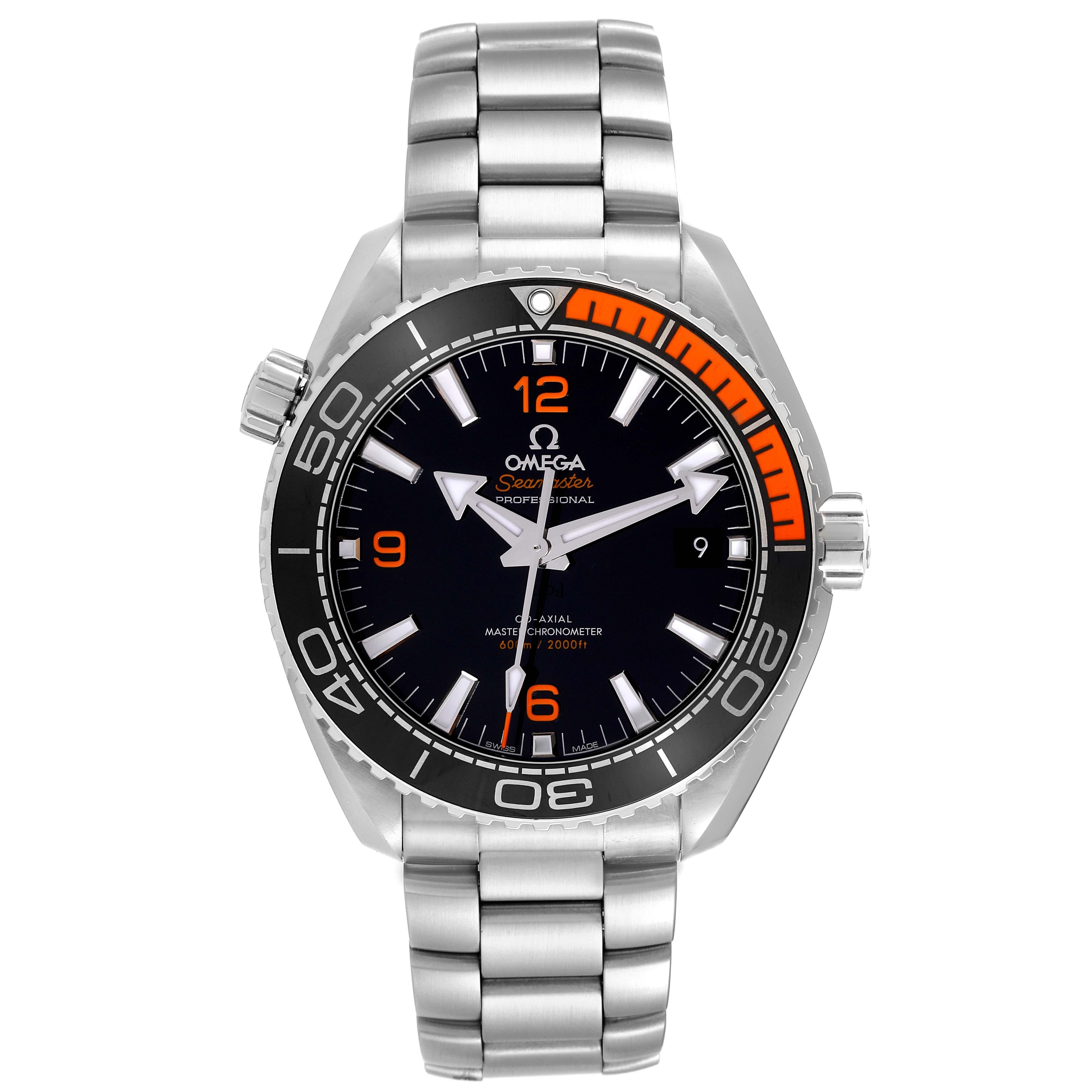 Omega Planet Ocean Black Orange Bezel Steel Mens Watch 215.30.44.21.01.002 Box Card. Self-winding movement with Co-Axial escapement. Certified Master Chronometer, approved by METAS, resistant to magnetic fields reaching 15,000 gauss. Free